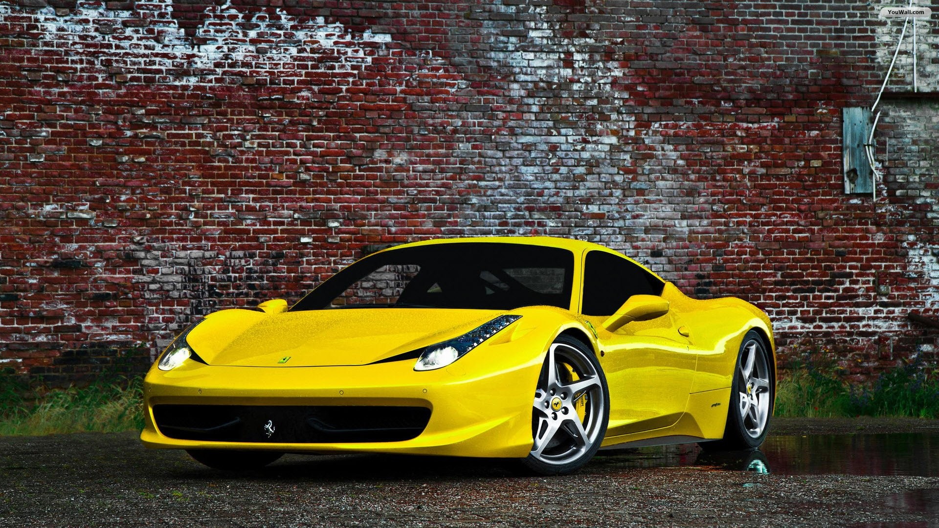 Ferrari 458 Italia, Giallo, Muro di mattoni, 1920x1080, immagine di sfondo
