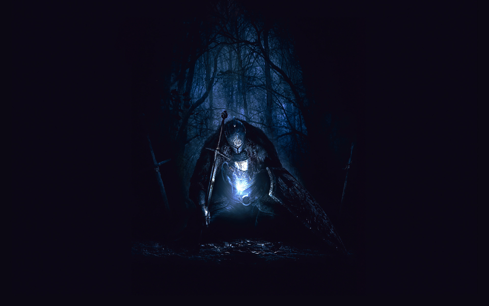 Dark Souls, Cavaliere, Foresta, Luce blu, Notte, 1920x1200, immagine di sfondo