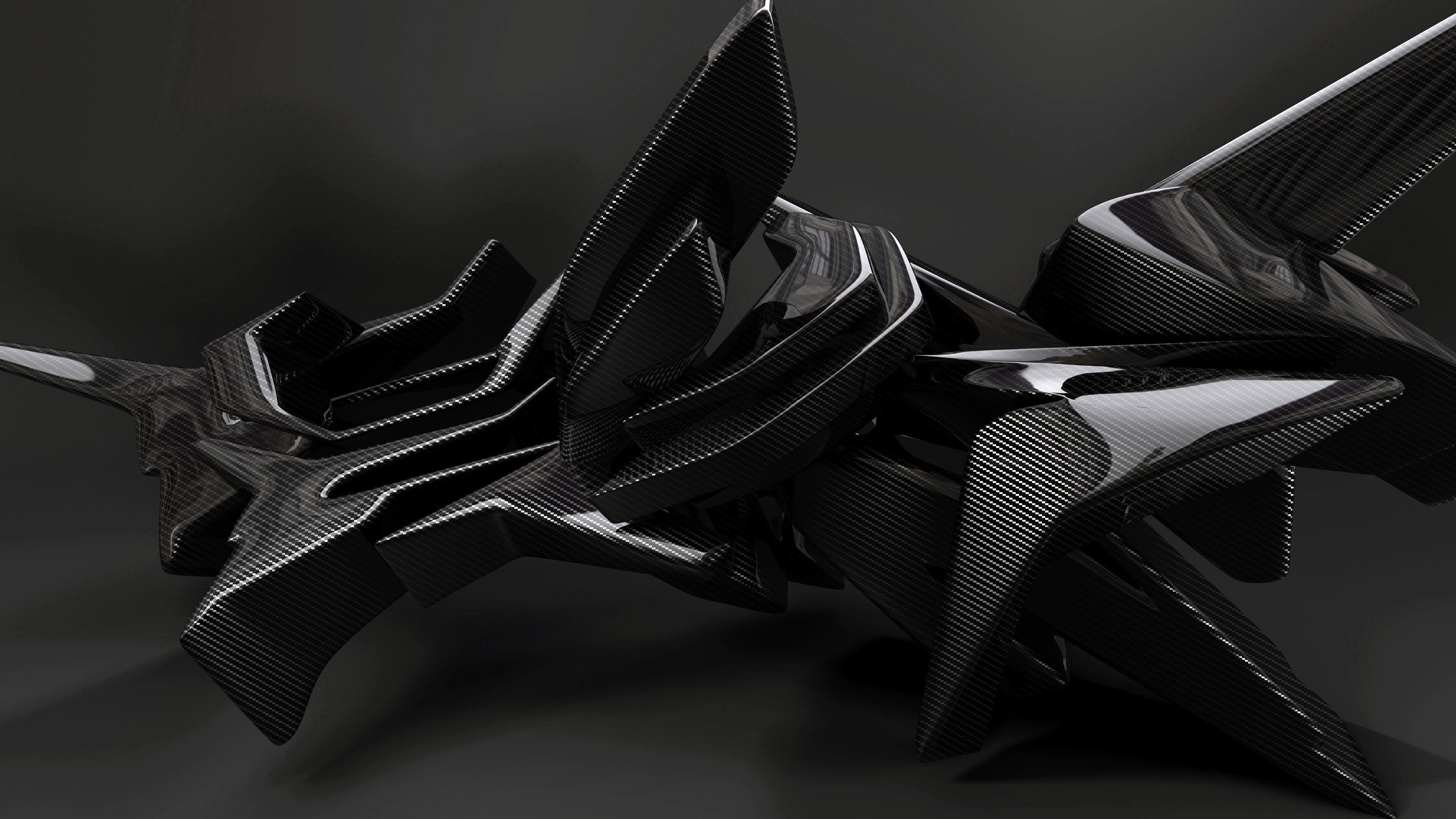 Fibra di carbonio, Forme astratte, Rendering 3D, Nero, 3840x2160, sfondo per PC