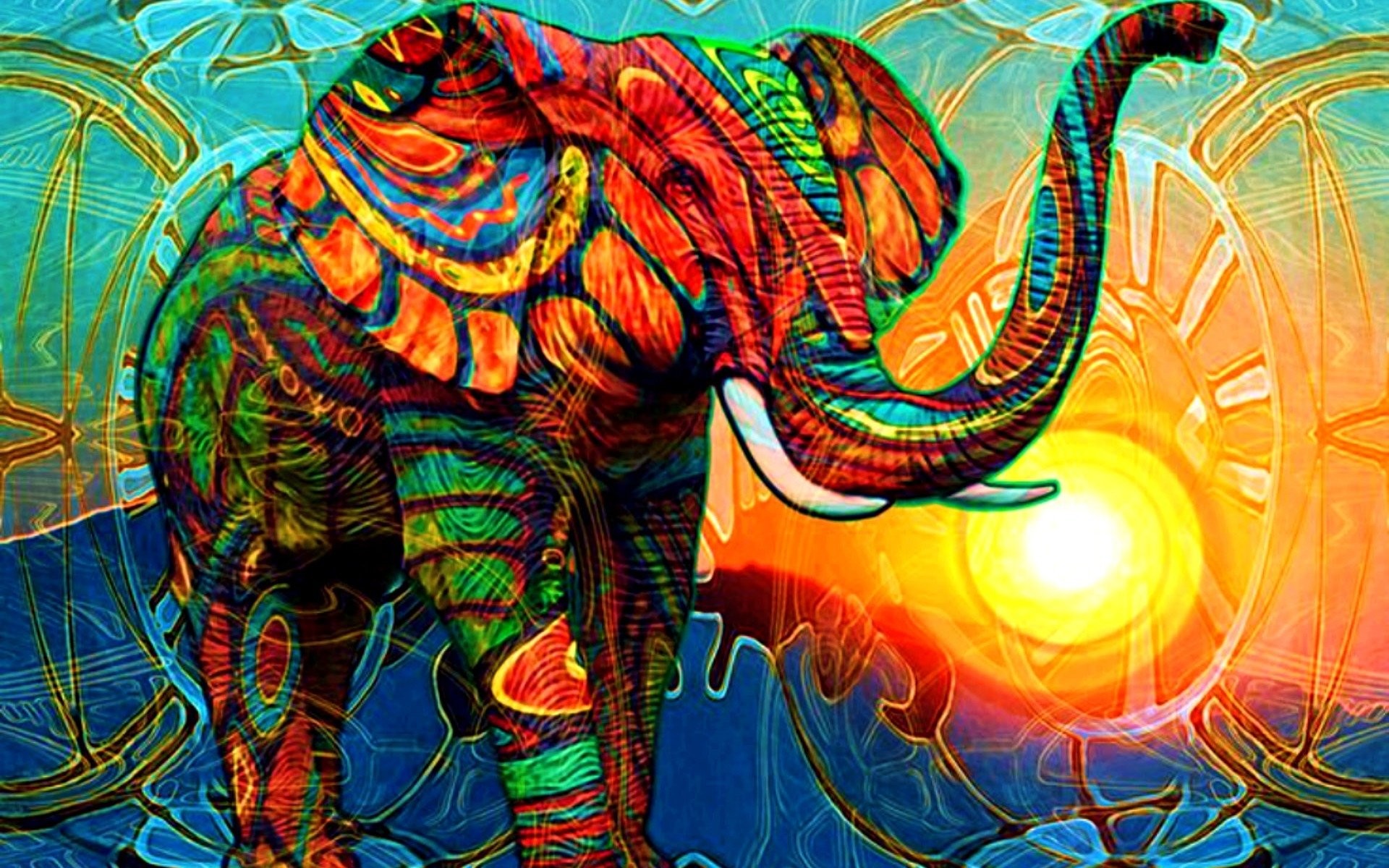 Elefante, Arte psichedelica, Sole, Colori vivaci, Full HD, sfondo per desktop