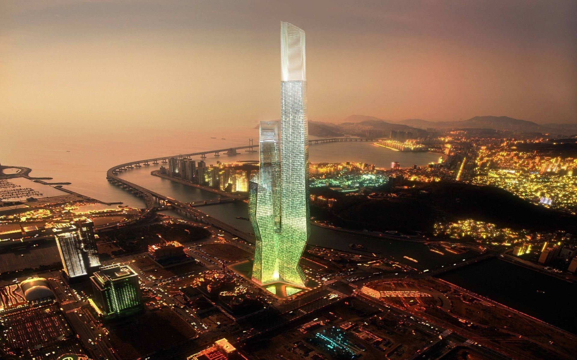 Grattacielo, Veduta aerea, Notte, Città futuristica, Full HD, wallpaper per portatile