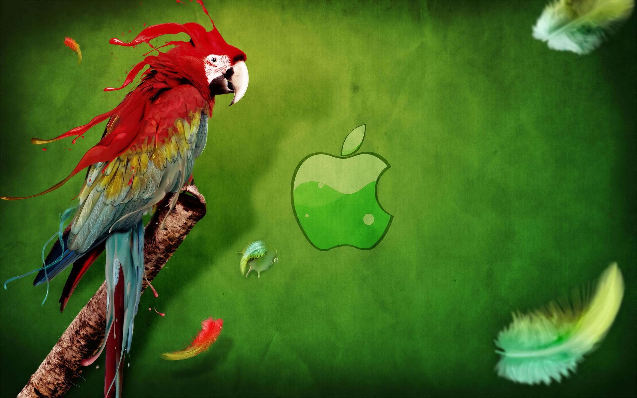 Pappagallo, Ara, Logo Apple, Sfondo verde, 2K, wallpaper Mac