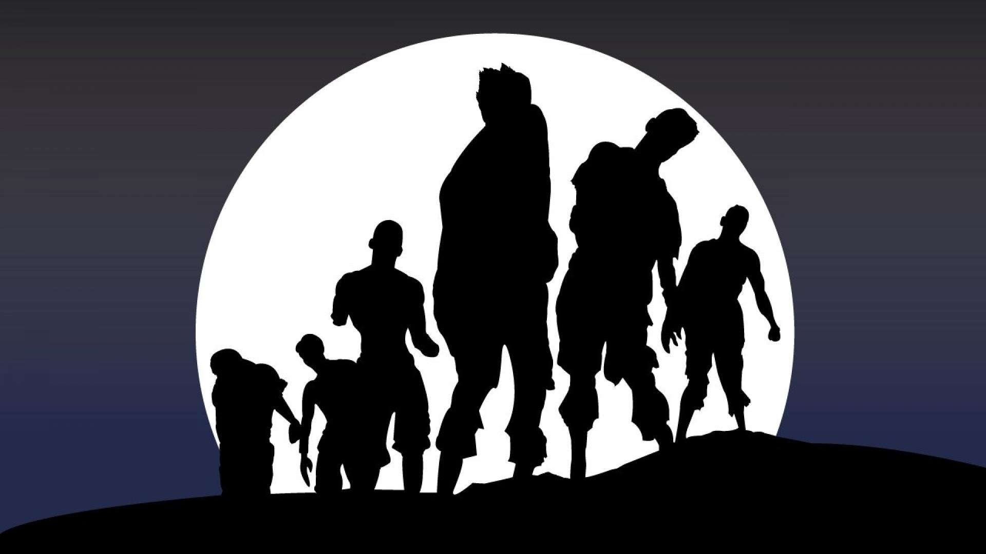 Zombi, Silhouette, Luna piena, Notte, Minimalista, Full HD, sfondo desktop