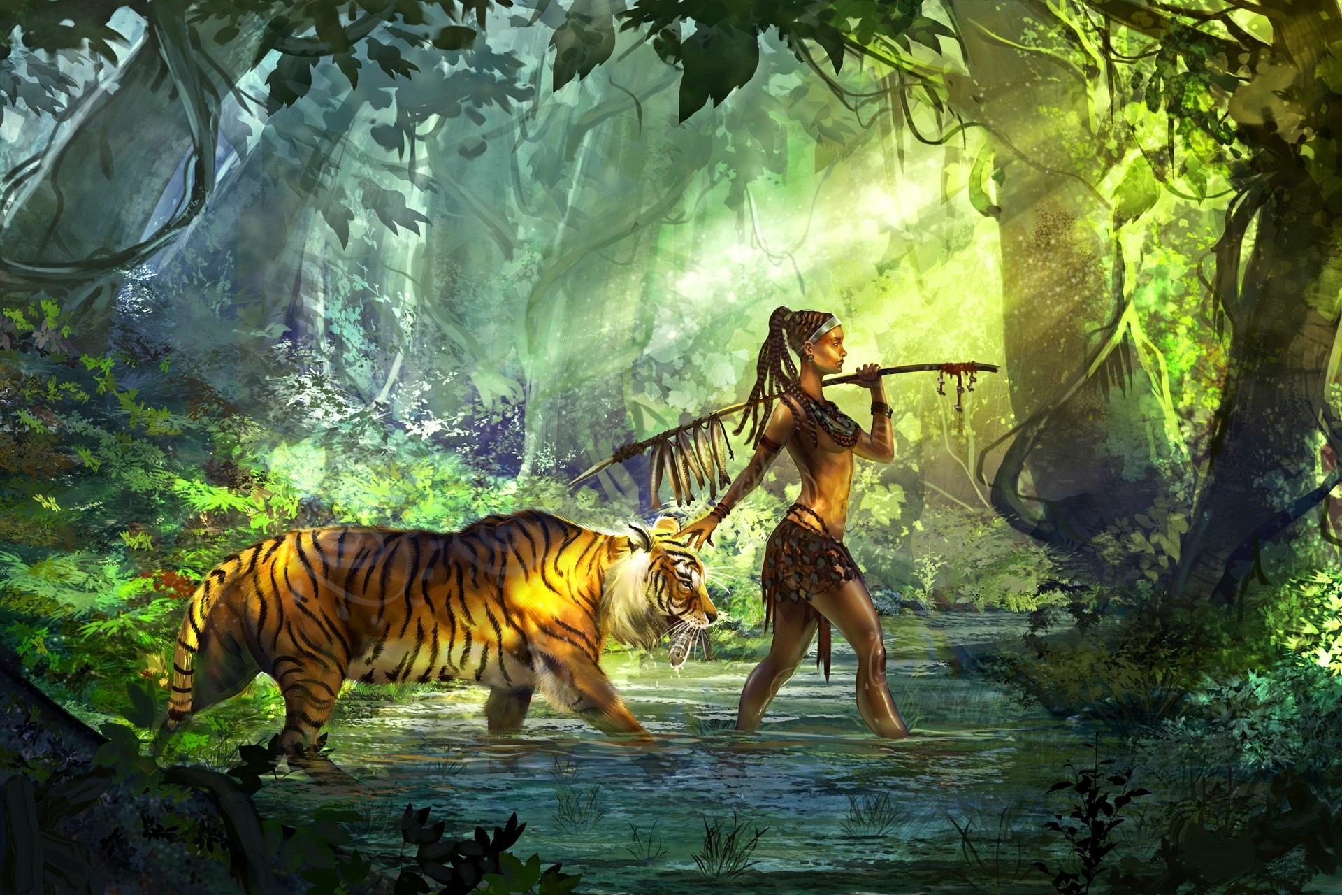 Tigre, Guerriera, Giungla, Arte fantasy, Full HD, sfondo per portatile