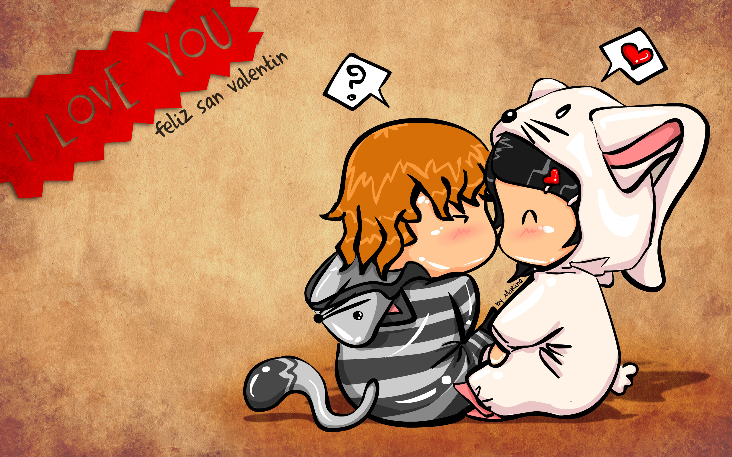 I love you, Feliz San Valentín, Coppia, Cartone animato, Bacio, 2560x1600, sfondo per PC