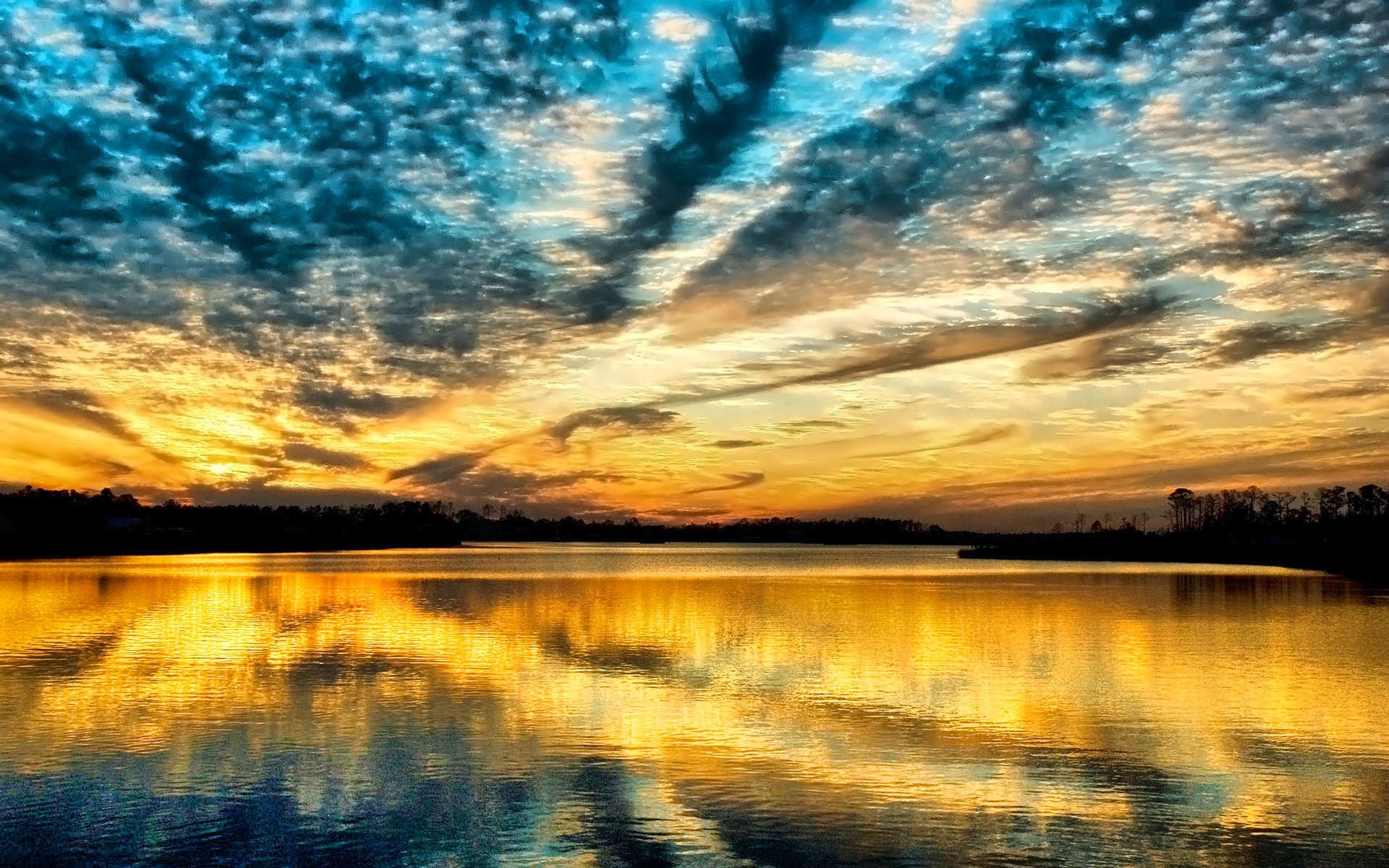 Tramonto, Lago, Riflesso, Cielo drammatico, Full HD, sfondo per portatile