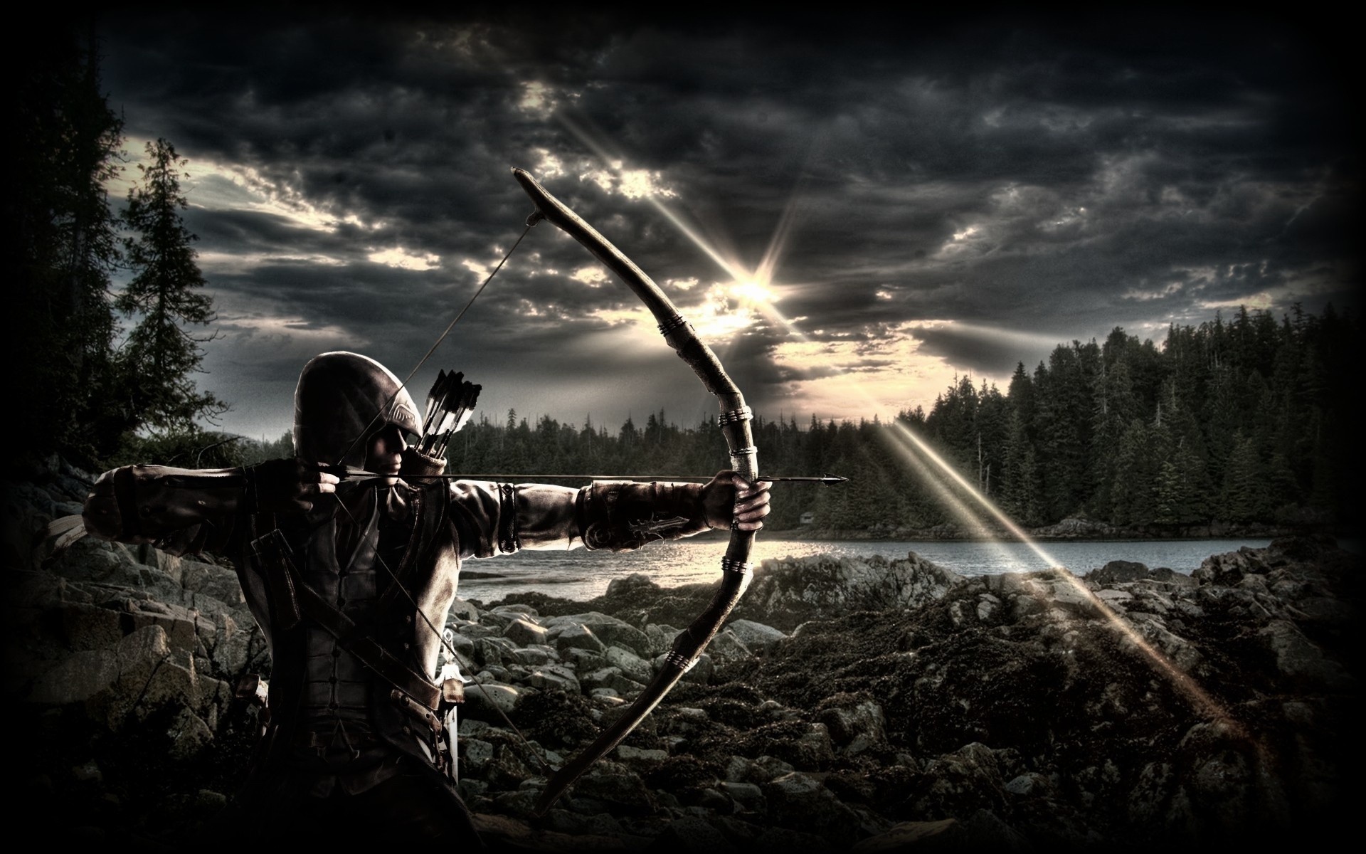 Connor Kenway, Assassin's Creed III, Arco, Lago, Nuvole, 1920x1200, immagine di sfondo