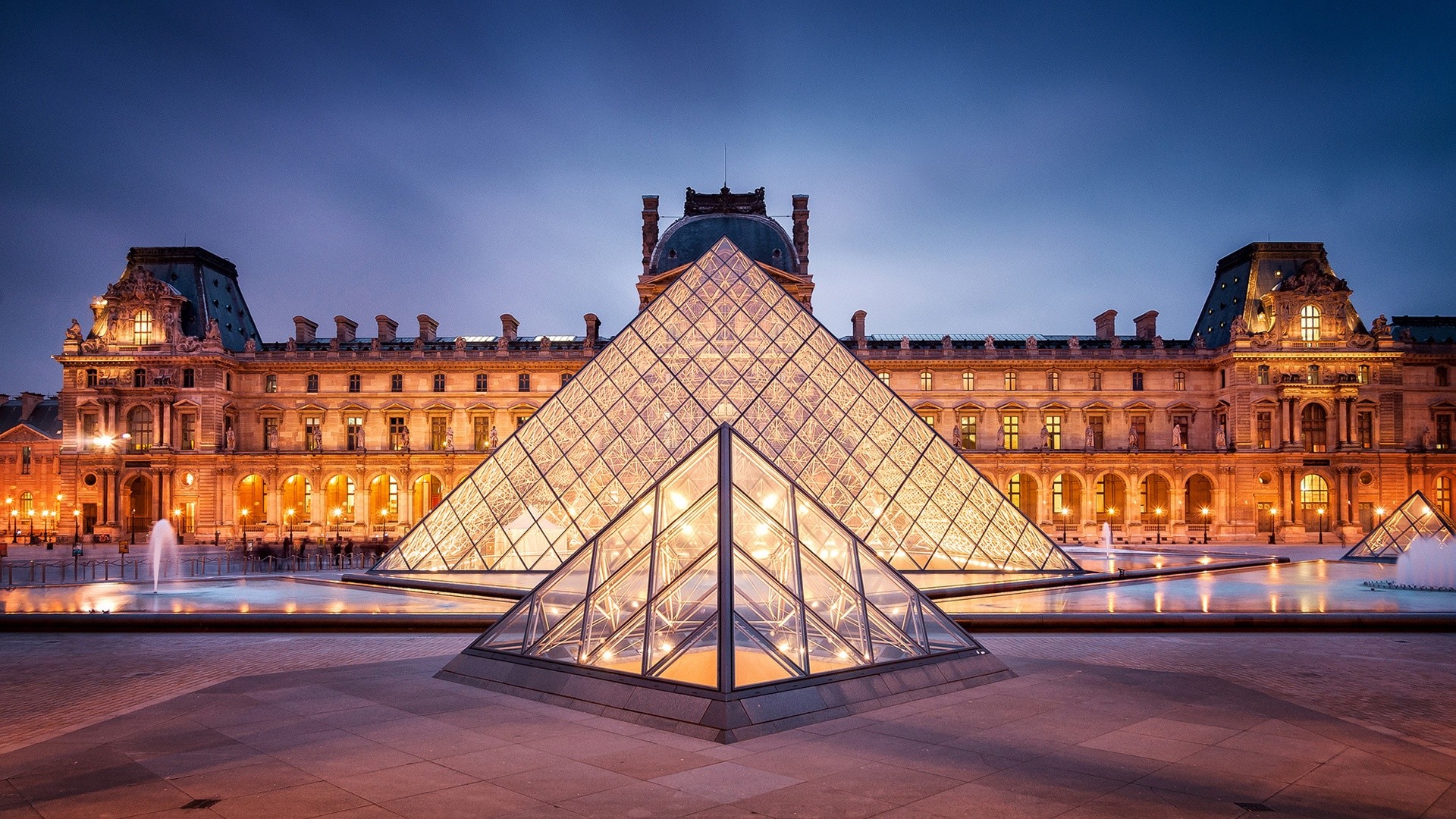 Piramide del Louvre, Museo del Louvre, Parigi, Crepuscolo, 1920x1080, sfondo per PC