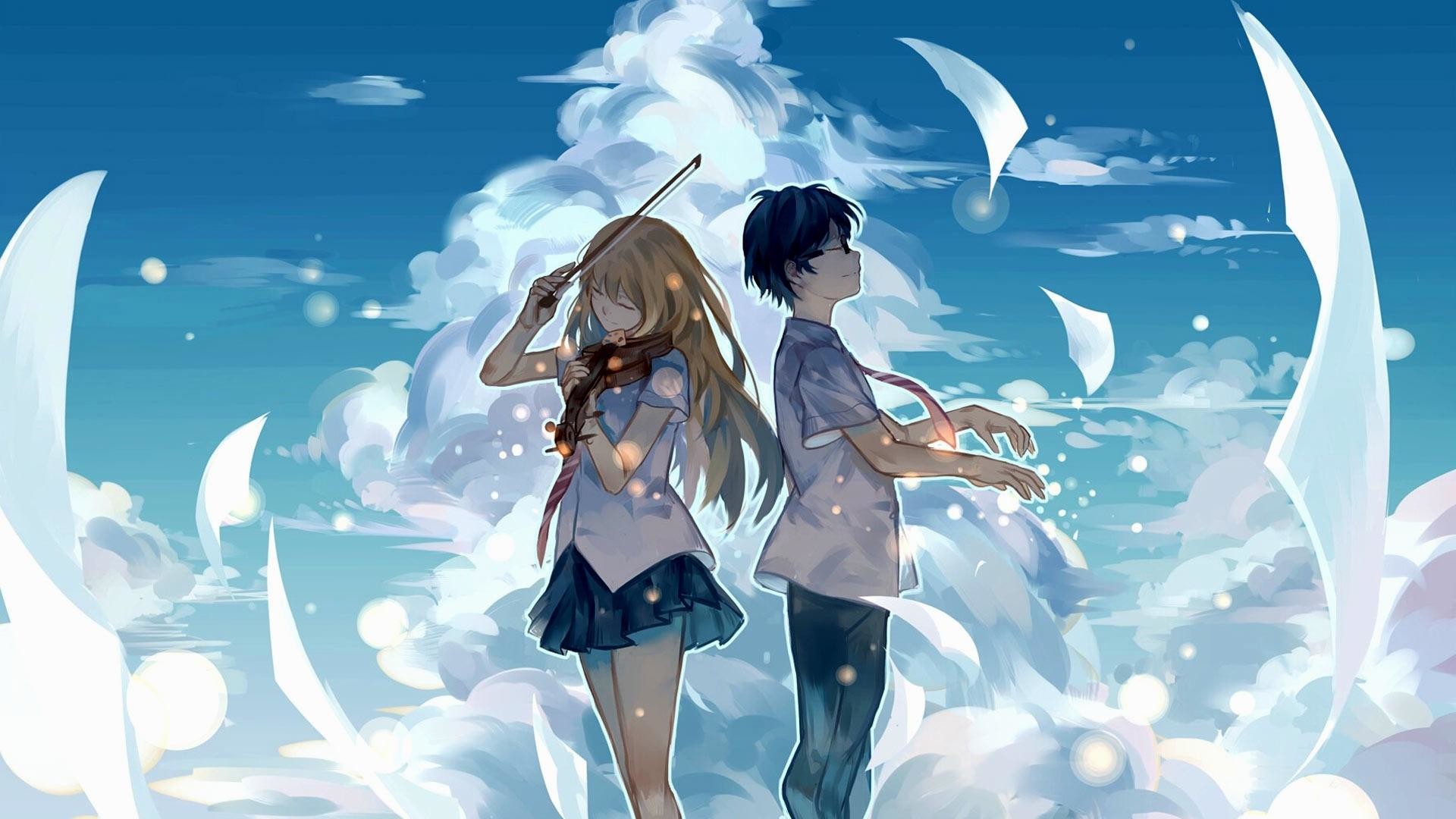 Kaori Miyazono, Kousei Arima, Shigatsu wa Kimi no Uso, Violino, Cielo, sfondo widescreen Full HD