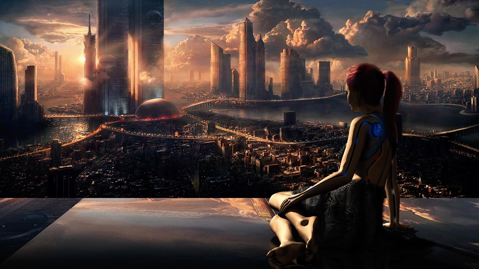 Città futuristica, Ragazza, Tramonto, Arte digitale, 1920x1080, sfondo per PC