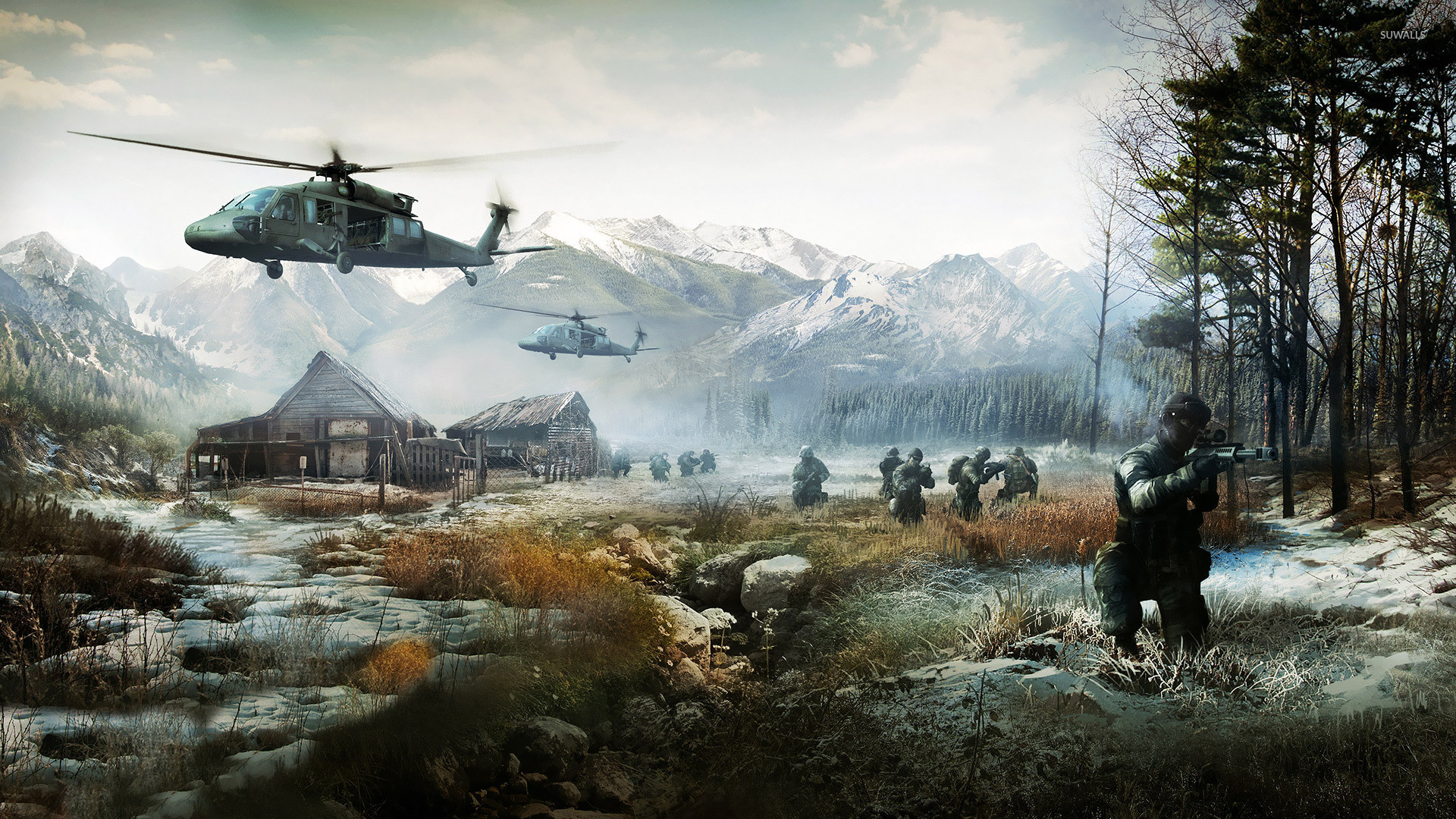 Battlefield 4, Elicotteri, Soldati, Montagne, Villaggio, Full HD, sfondo desktop