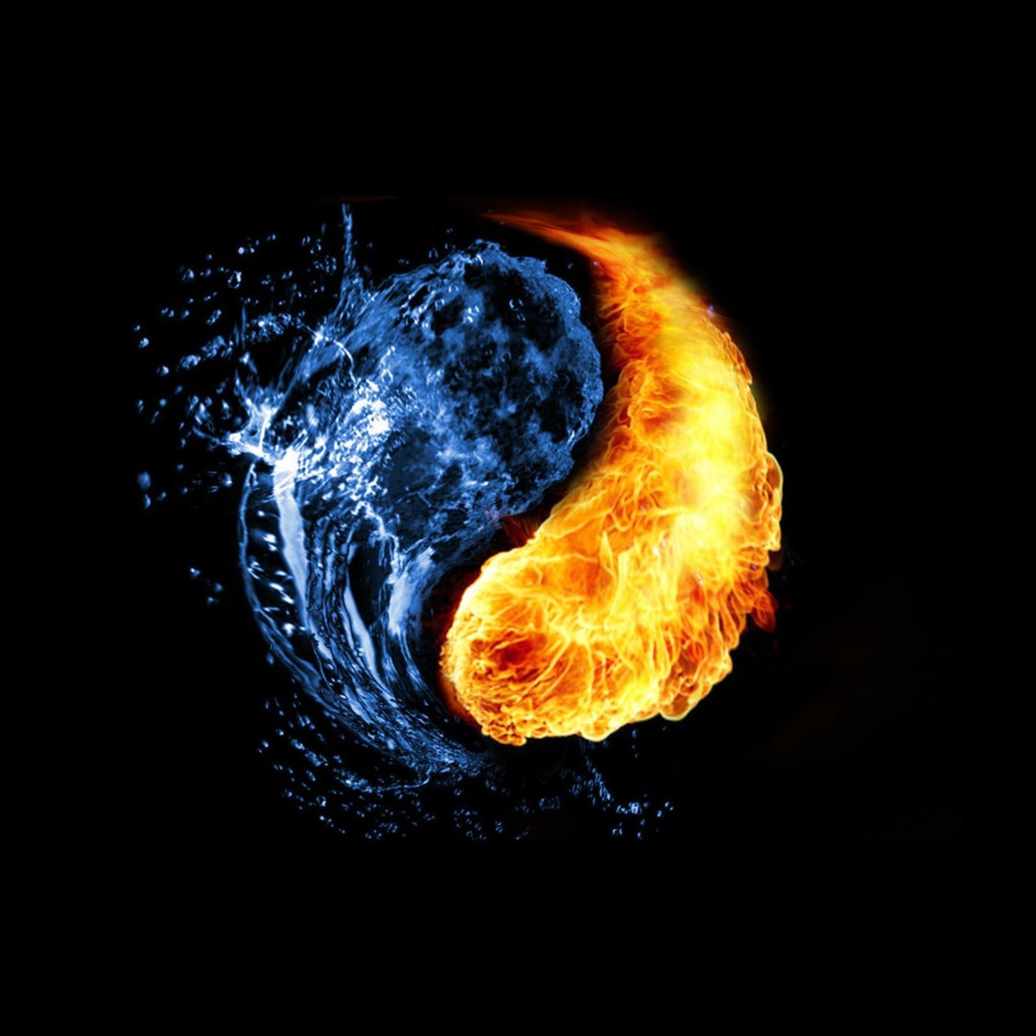 Yin e yang, Fuoco e acqua, Sfondo nero, Full HD, schermata di blocco iPad
