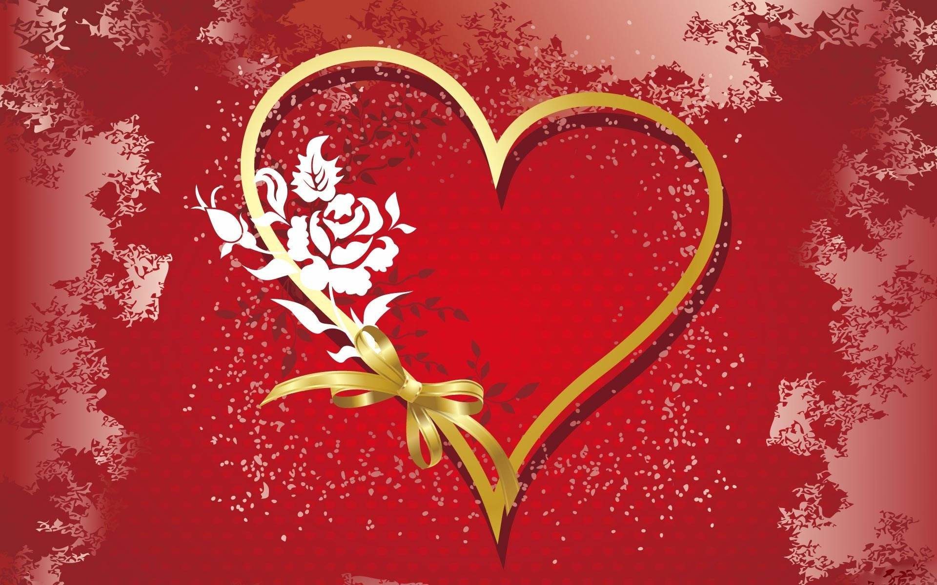 Cuore dorato, Rosa, Sfondo rosso, San Valentino, Full HD, wallpaper desktop