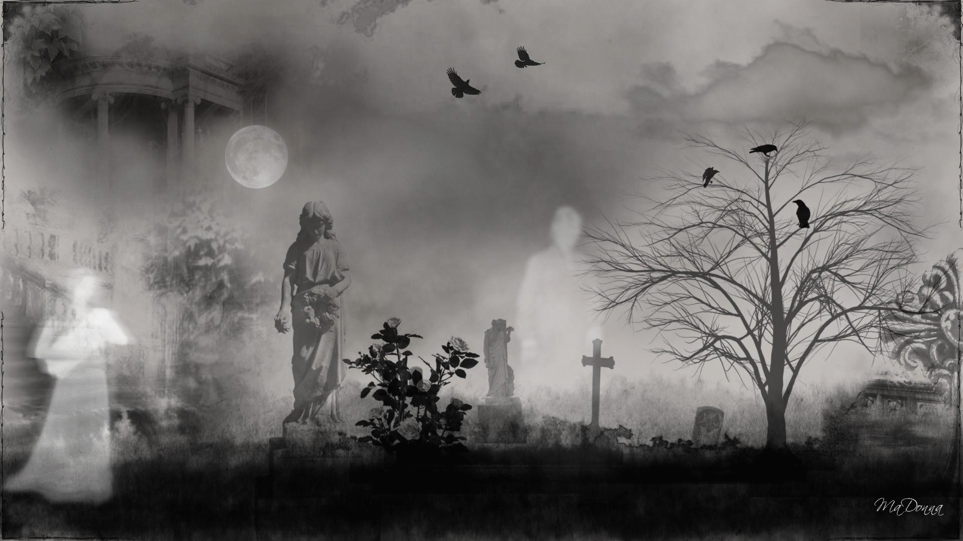 Cimitero, Fantasmi, Statua, Corvi, Luna, Nebbia, 1920x1080, immagine di sfondo