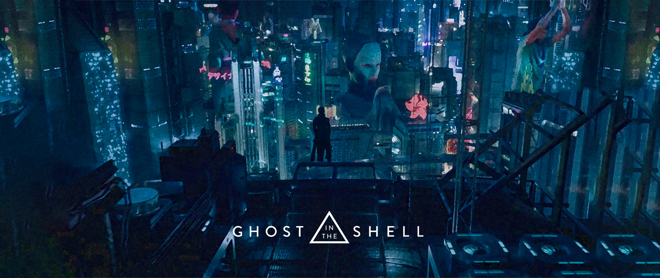 Ghost in the Shell (2017), Logo, Città cyberpunk, Notte, Full HD, sfondo Windows 11