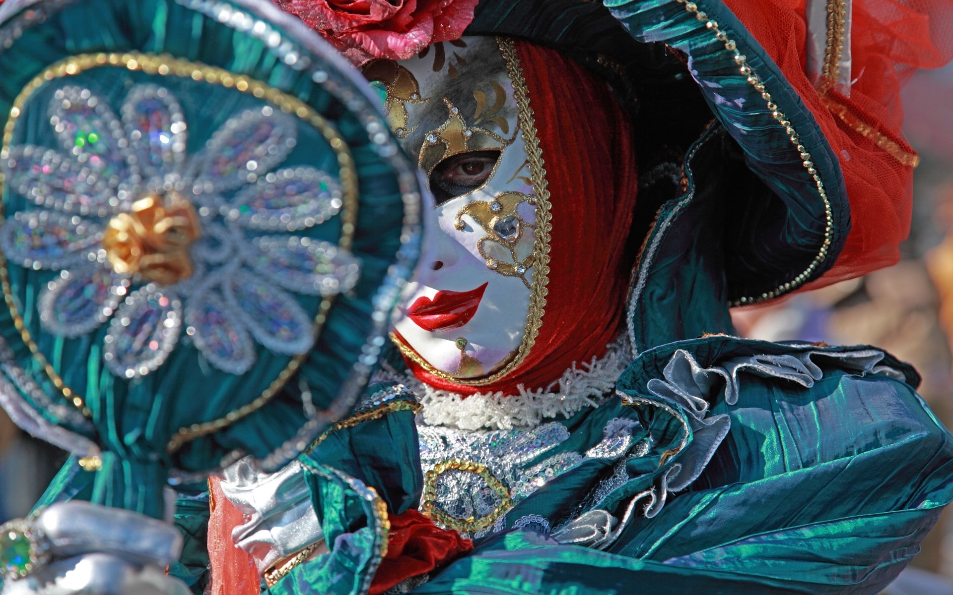 Carnevale di Venezia, Costume turchese, Maschera, Ventaglio, 1920x1200, immagine di sfondo