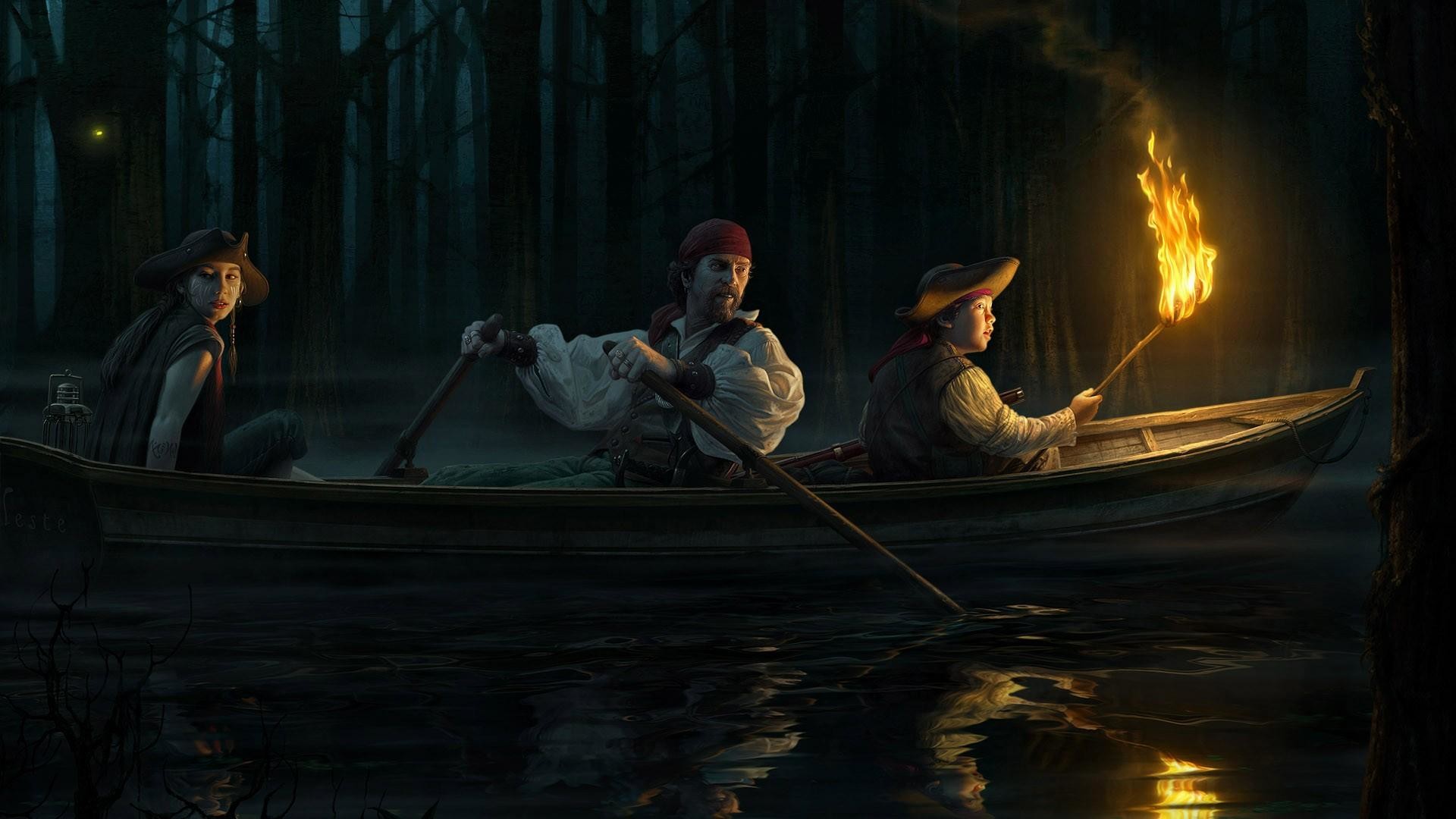 Pirati, Barca a remi, Torcia, Notte, Palude, Full HD, sfondo per PC