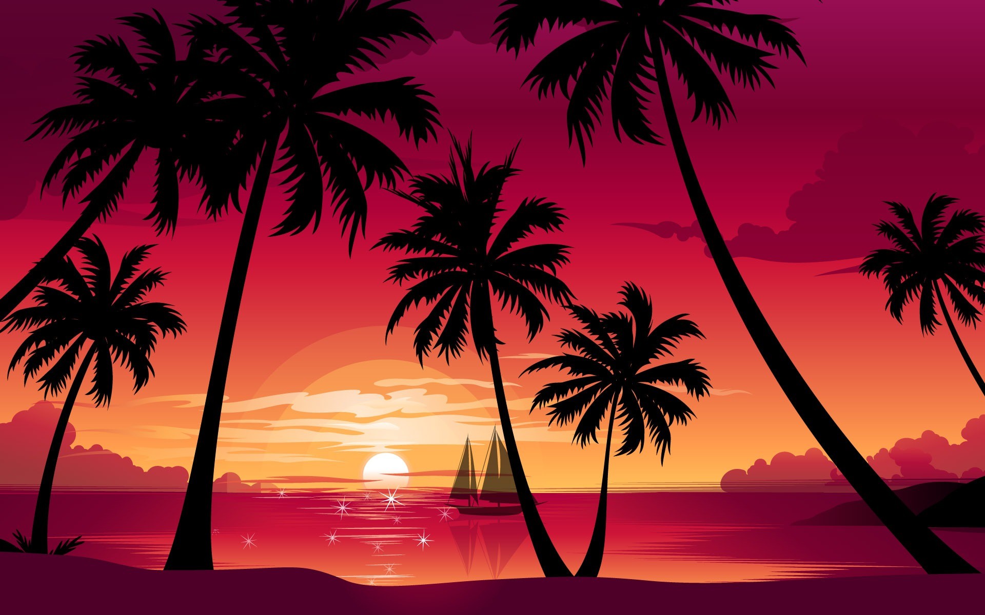 Palme, Tramonto tropicale, Barca a vela, Illustrazione, Rosa, Full HD, sfondo per portatile