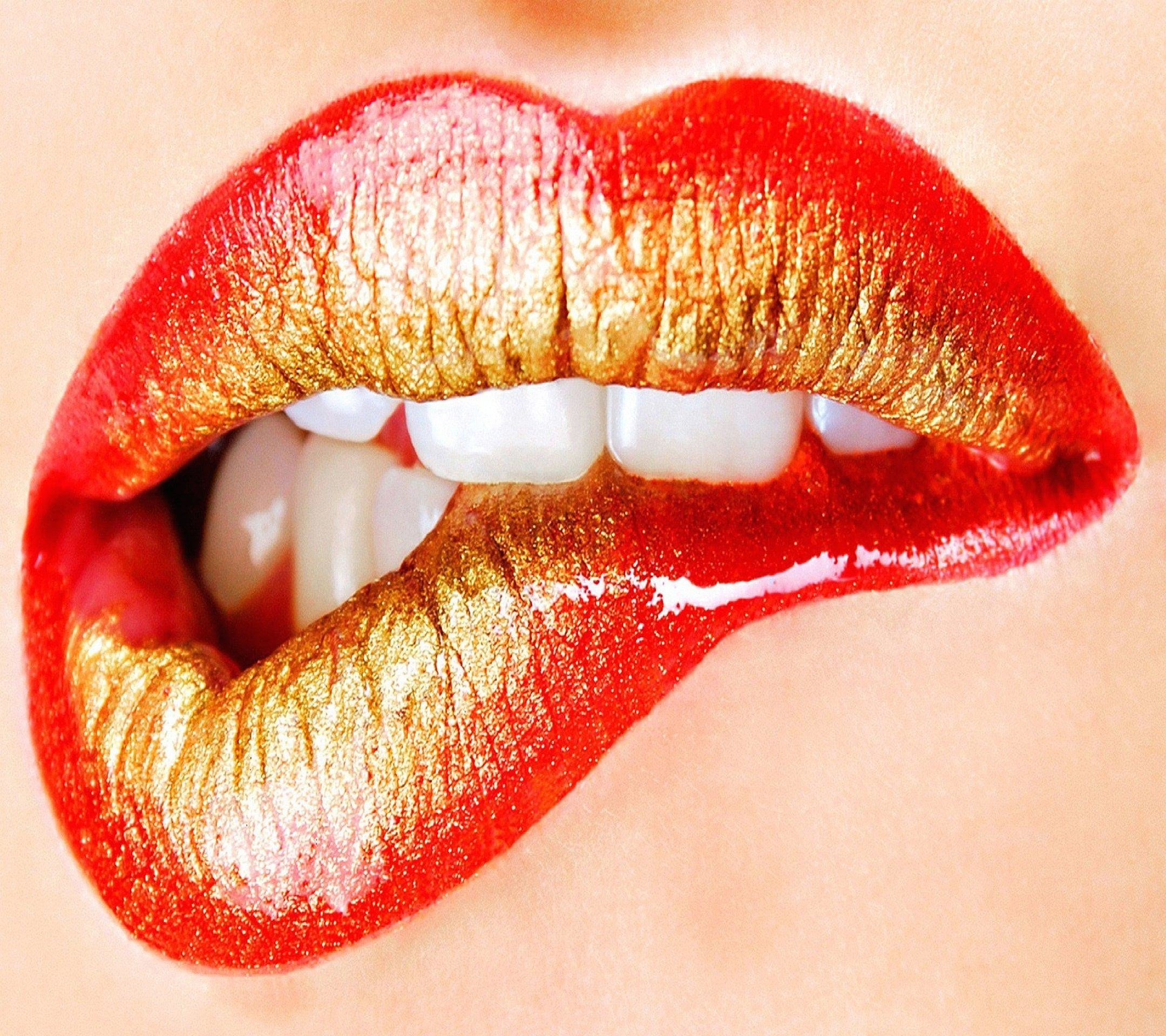 Labbra, Rossetto rosso, Glitter dorato, Macro, Full HD, sfondo Samsung S4