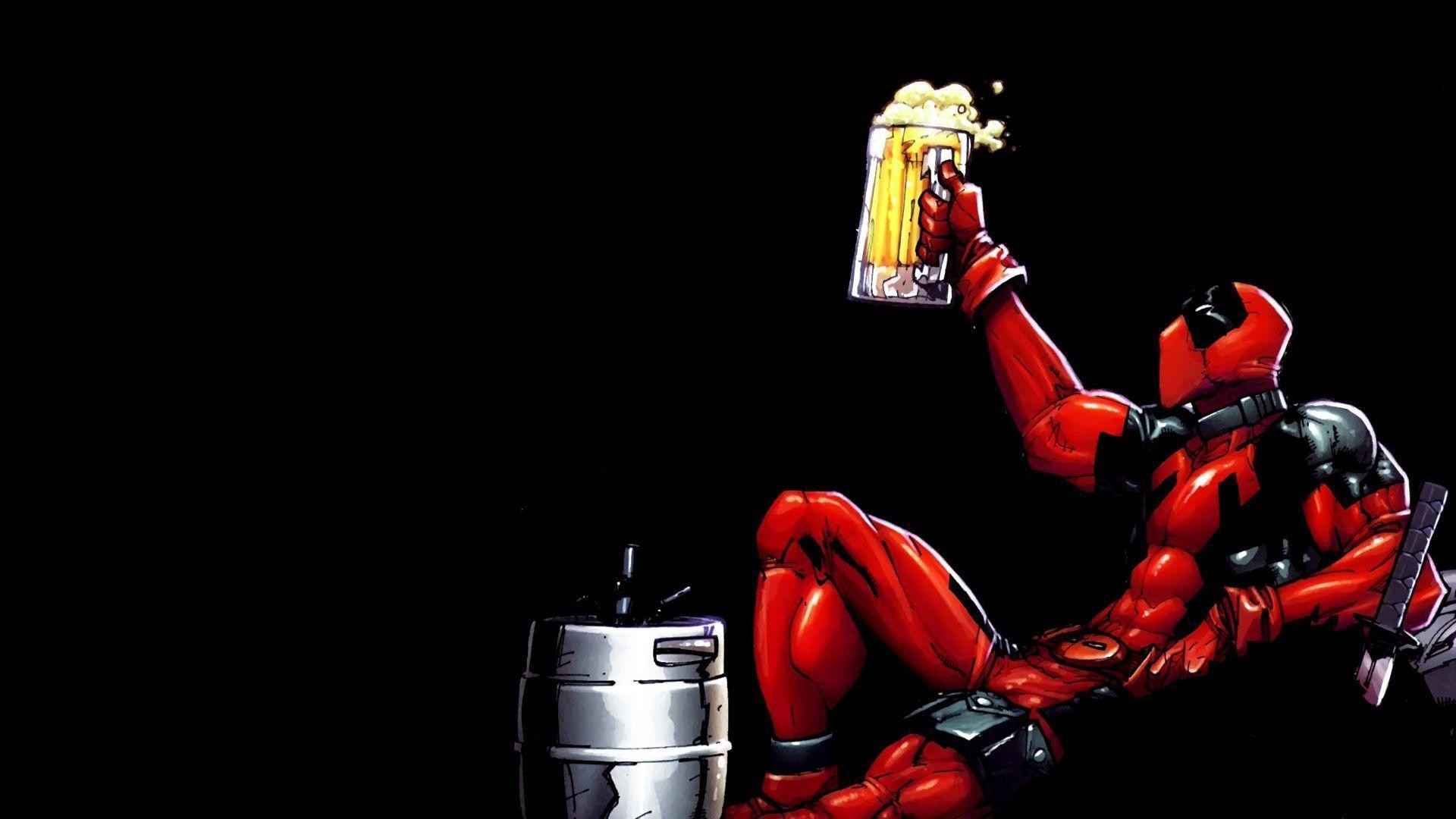 Deadpool, Birra, Fumetto, Sfondo nero, Full HD, wallpaper per computer