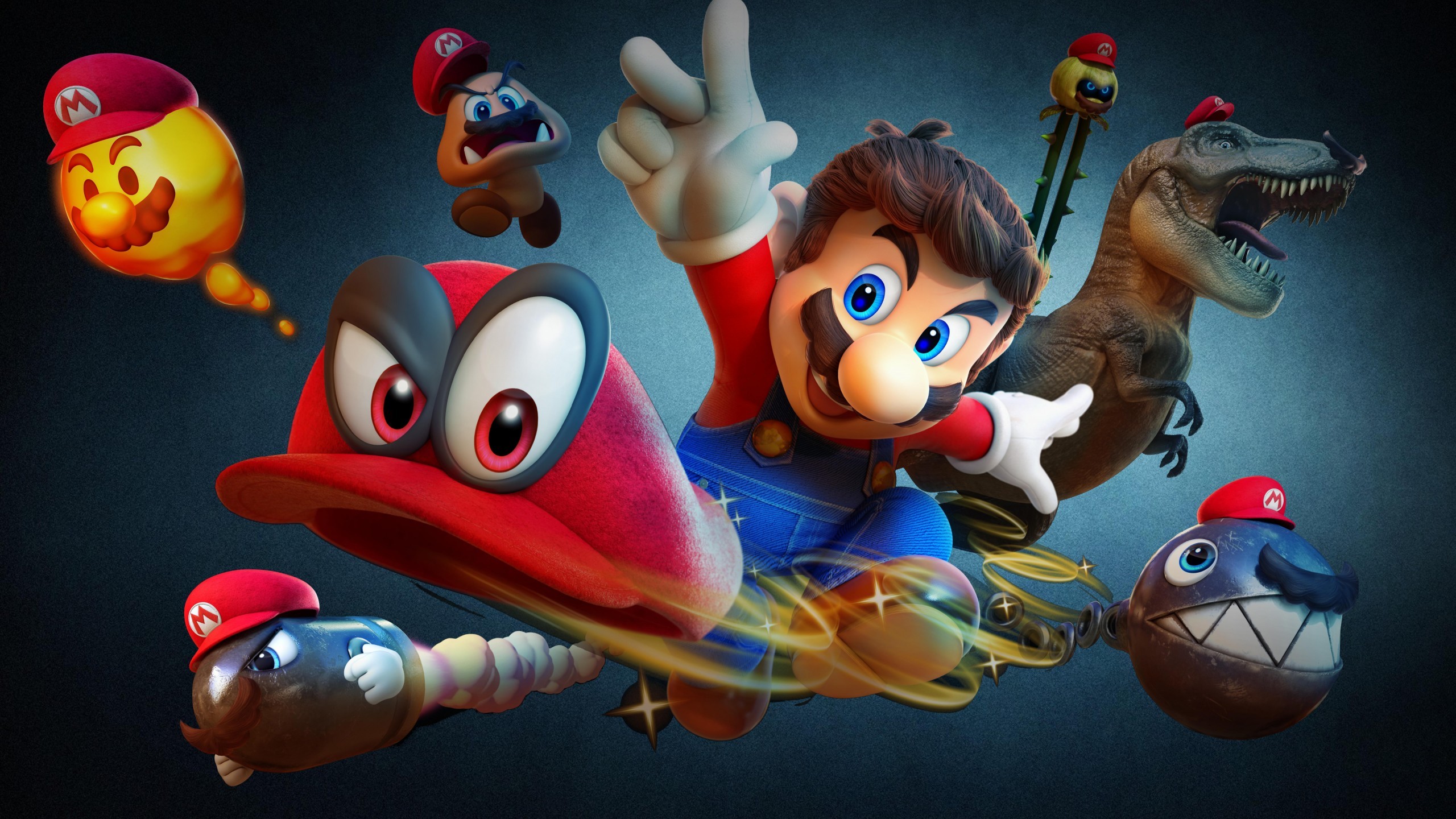 Super Mario Odyssey, Mario, Cappy, Goomba, Pallottolo Bill, T-Rex, Nintendo, immagine di sfondo