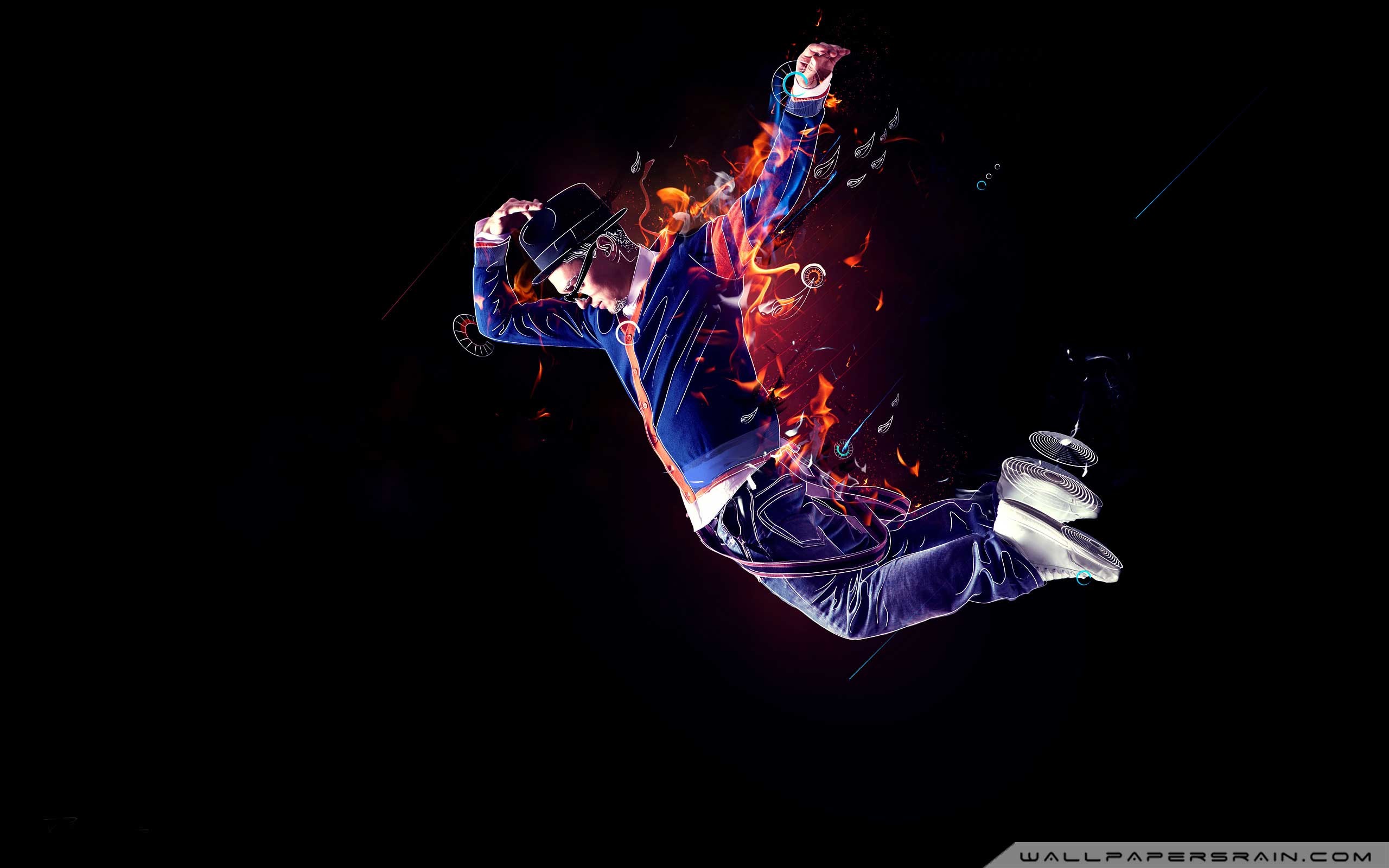Ballerino, Fiamme, Sfondo nero, Salto, 2K, wallpaper per portatile