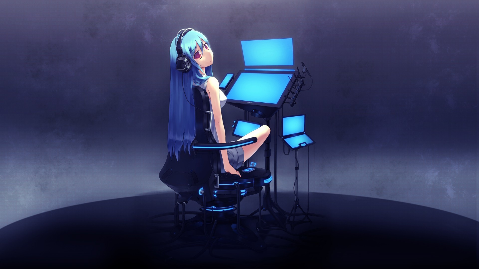 Hatsune Miku, Ragazza anime, Computer, Cuffie, Blu, 16:9 Full HD, sfondo widescreen
