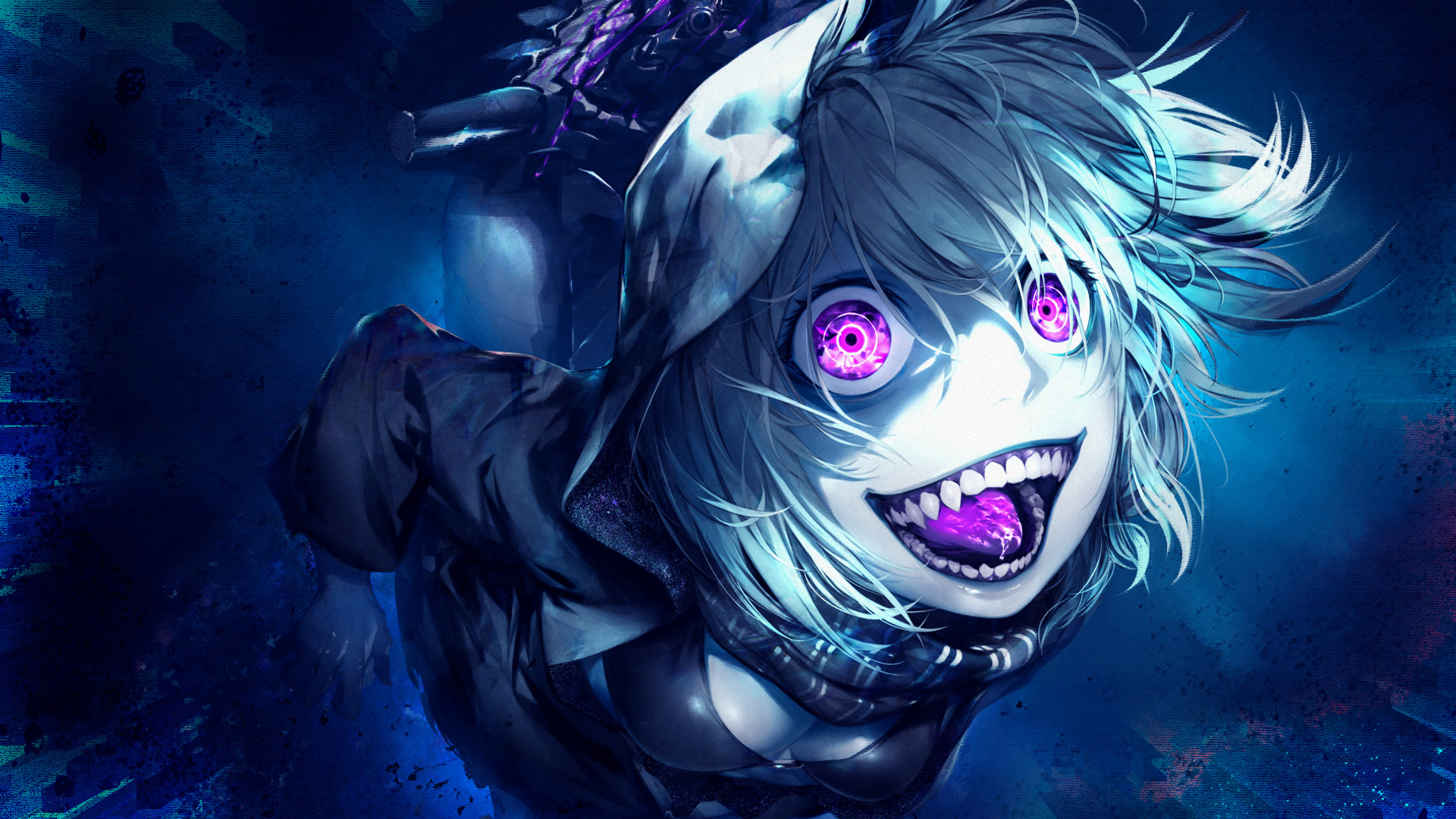 Ragazza anime, Sorriso inquietante, Occhi viola, Blu, Full HD, sfondo per portatile