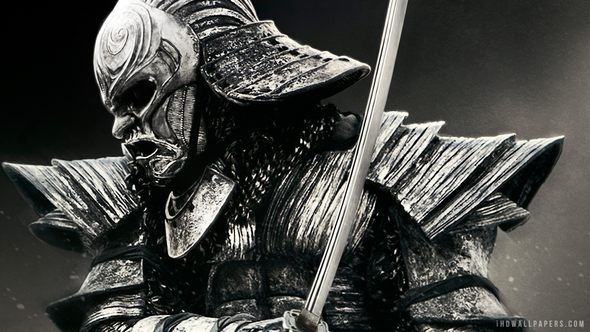 Samurai, Maschera mempō, Armatura, Katana, Bianco e nero, Full HD 1080p, sfondo desktop