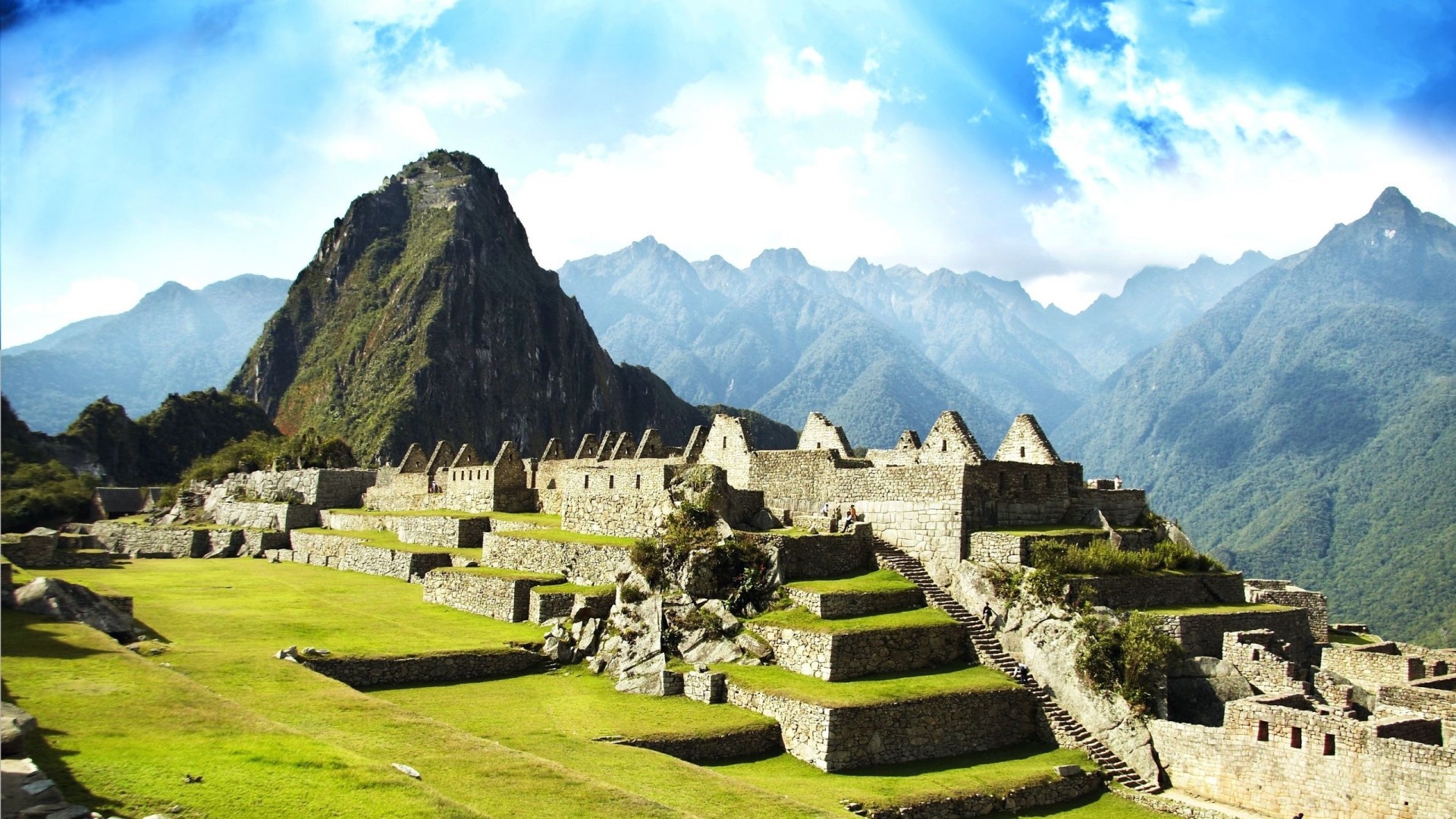 Machu Picchu, Huayna Picchu, Perù, Prato, Cielo azzurro, Full HD 1080p, sfondo desktop