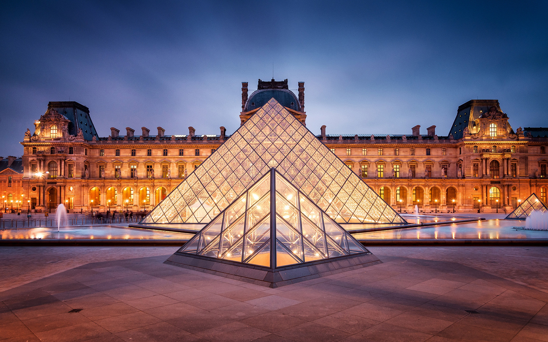 Piramide del Louvre, Museo del Louvre, Parigi, Notte, Luci, Full HD, sfondo per portatile