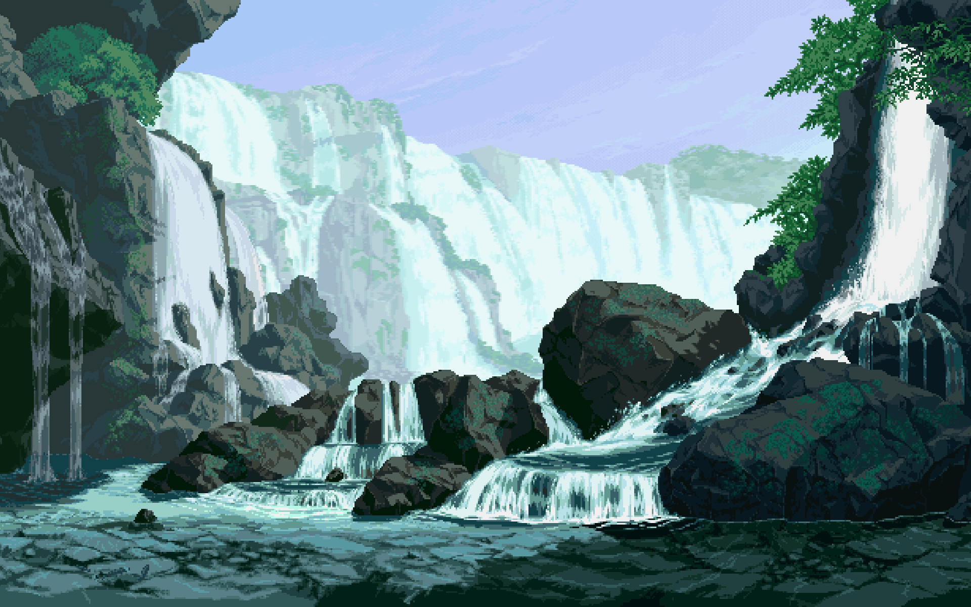 Cascata, Rocce, Pittura digitale, Natura, 16:10 Full HD, sfondo widescreen