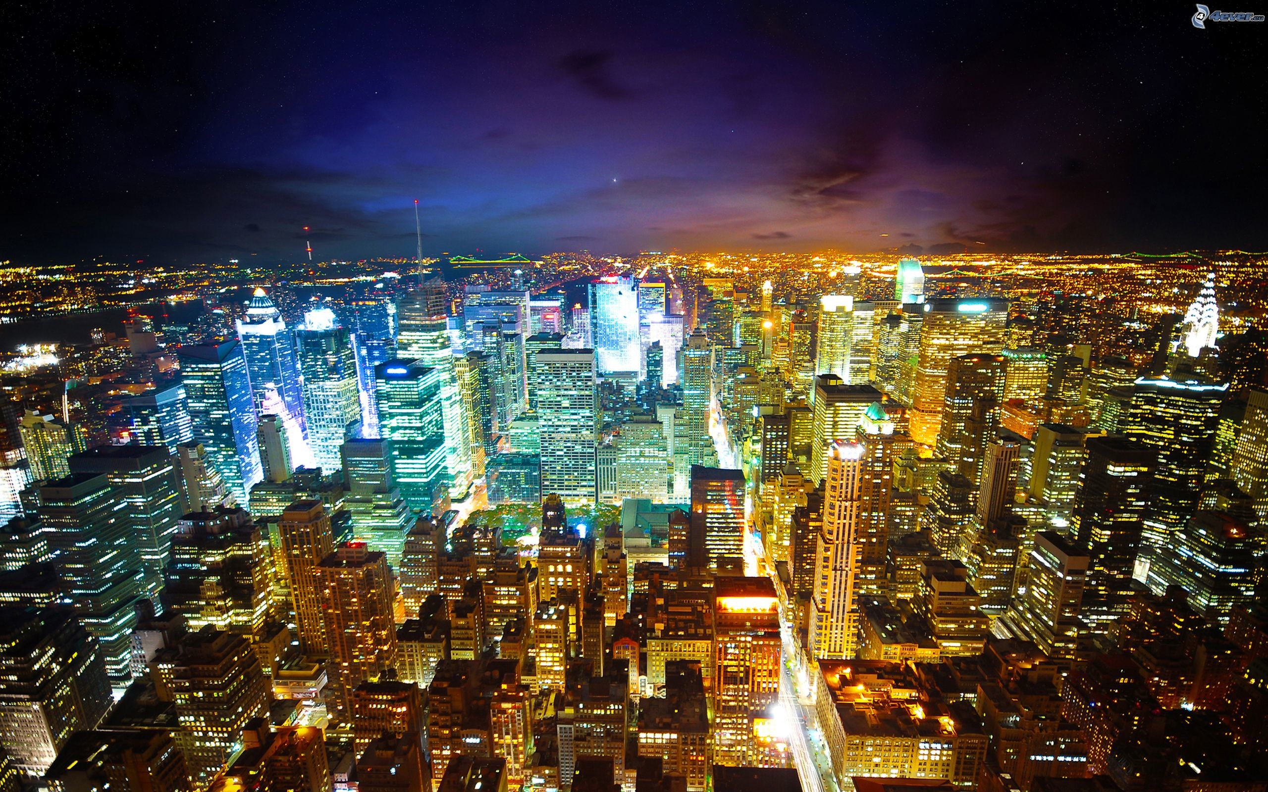 Manhattan, New York, Vista aerea, Luci della città, 2K, sfondo desktop