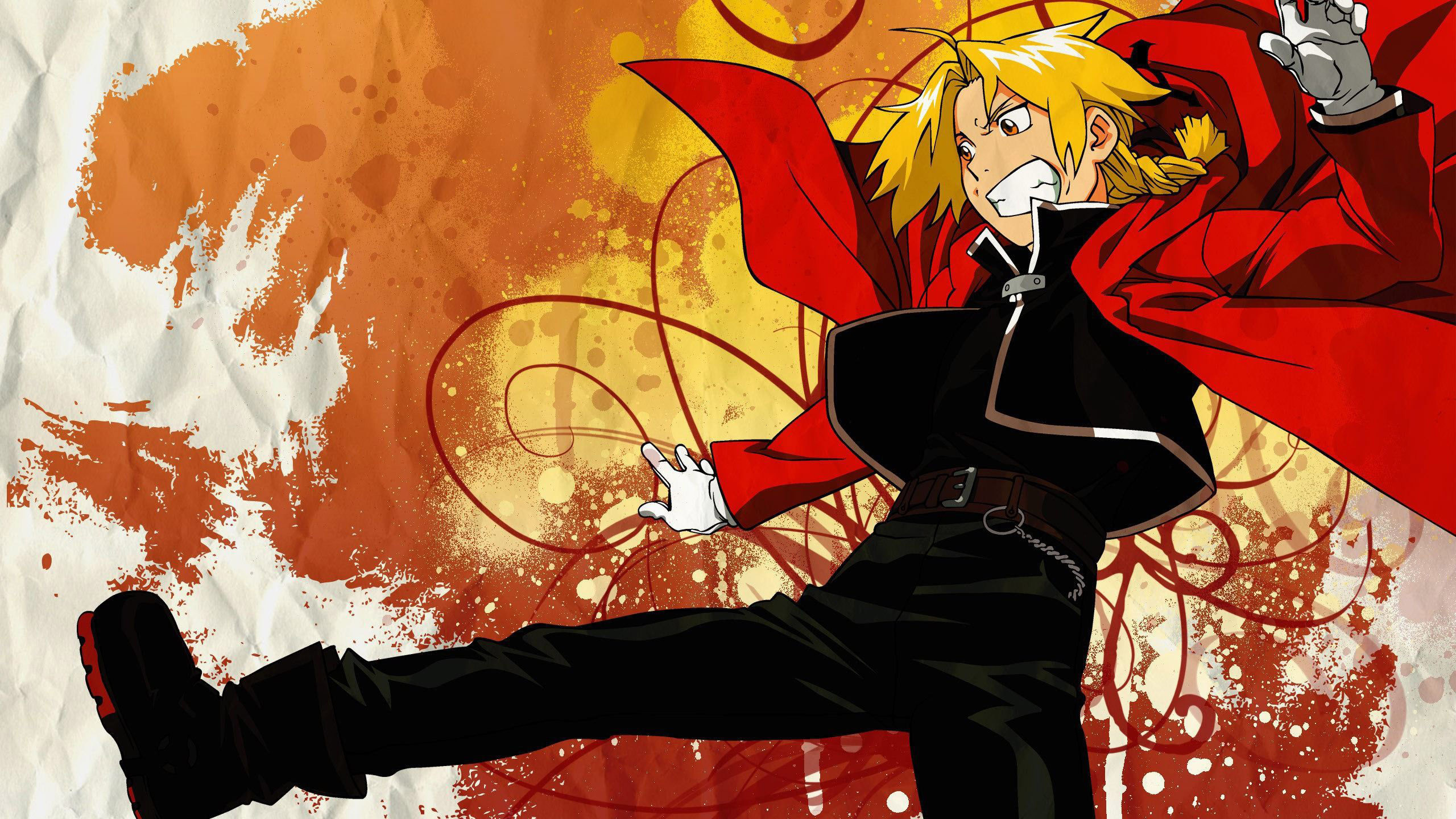 Edward Elric, Fullmetal Alchemist, Mantello rosso, Arancione, Anime, sfondo 2K per PC