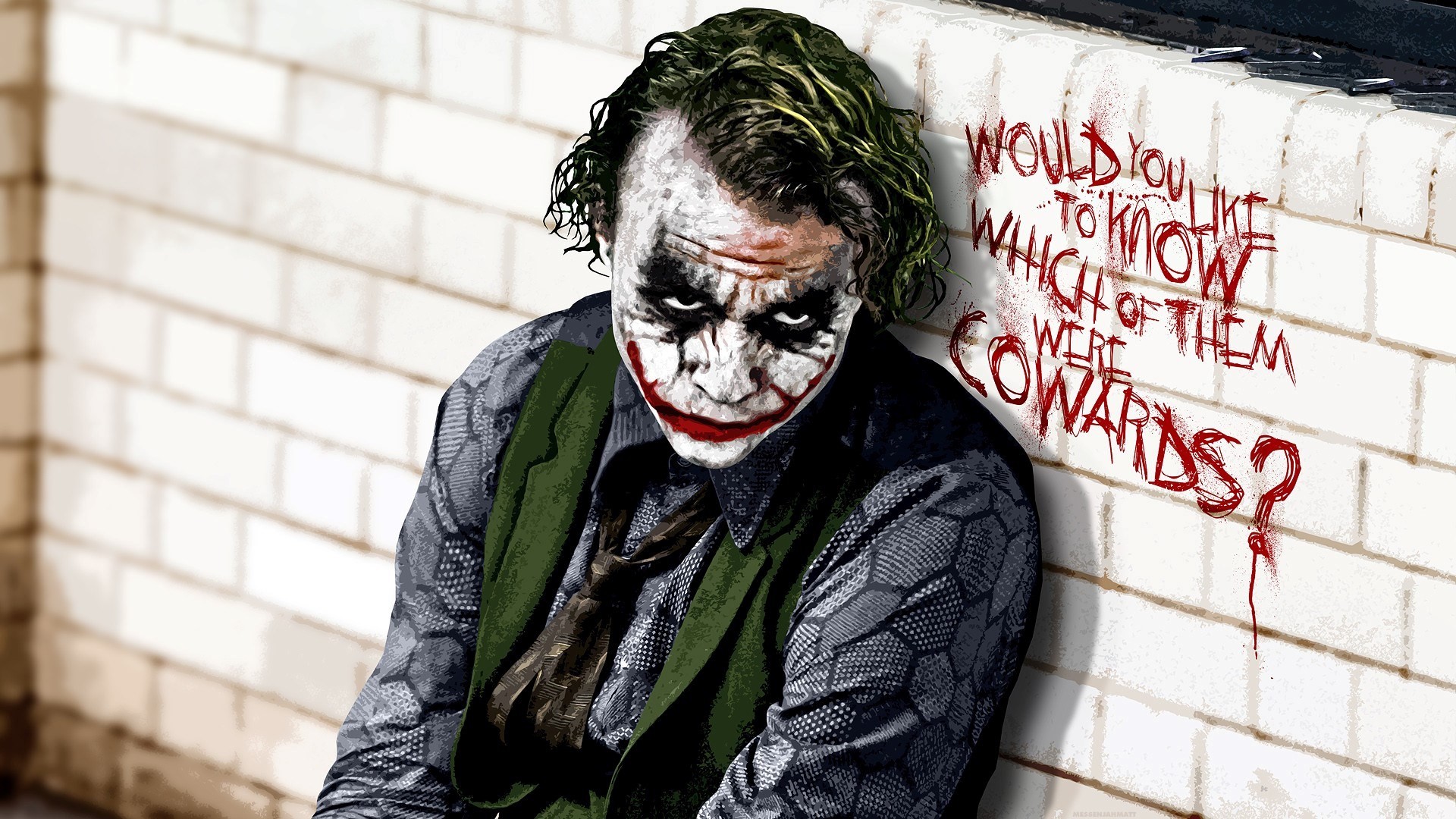 Joker, Heath Ledger, Il cavaliere oscuro, Scritta sul muro, Mattoni bianchi, sfondo per PC