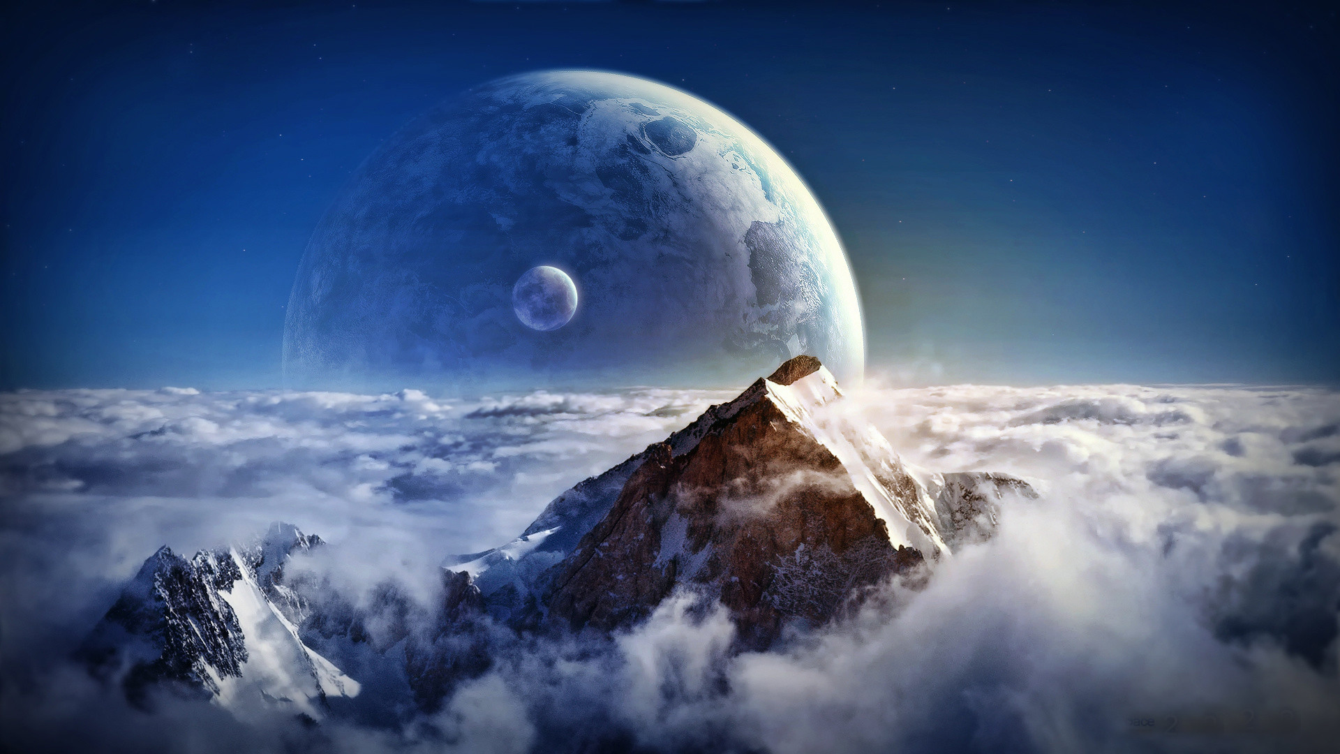 Pianeta, Montagna, Sopra le nuvole, Luna, Full HD, wallpaper per portatile