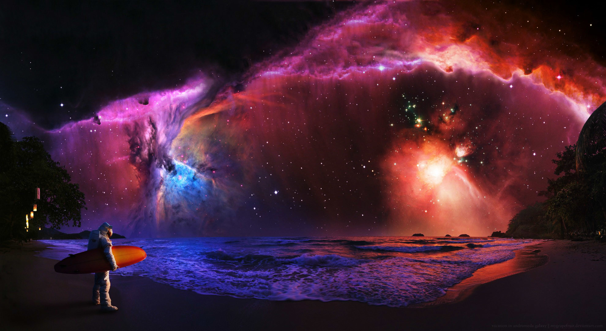 Nebulosa, Astronauta, Spiaggia, Arte digitale, Full HD, wallpaper per PC