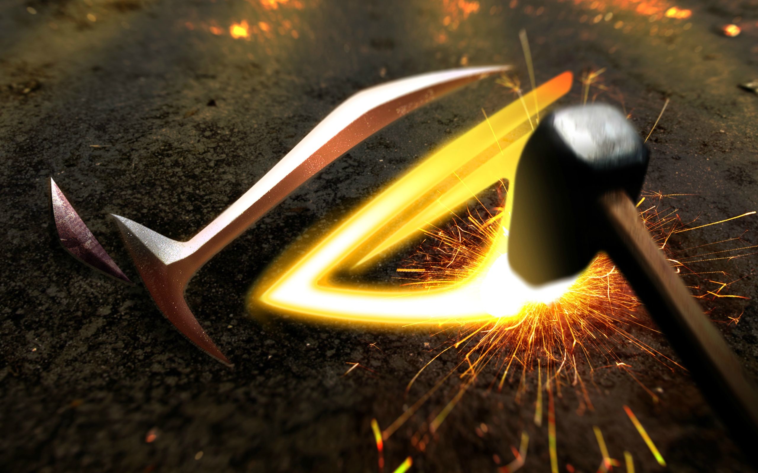 Logo ROG, Asus, Martello, Scintille, Metallo incandescente, 2K, sfondo per PC e portatile