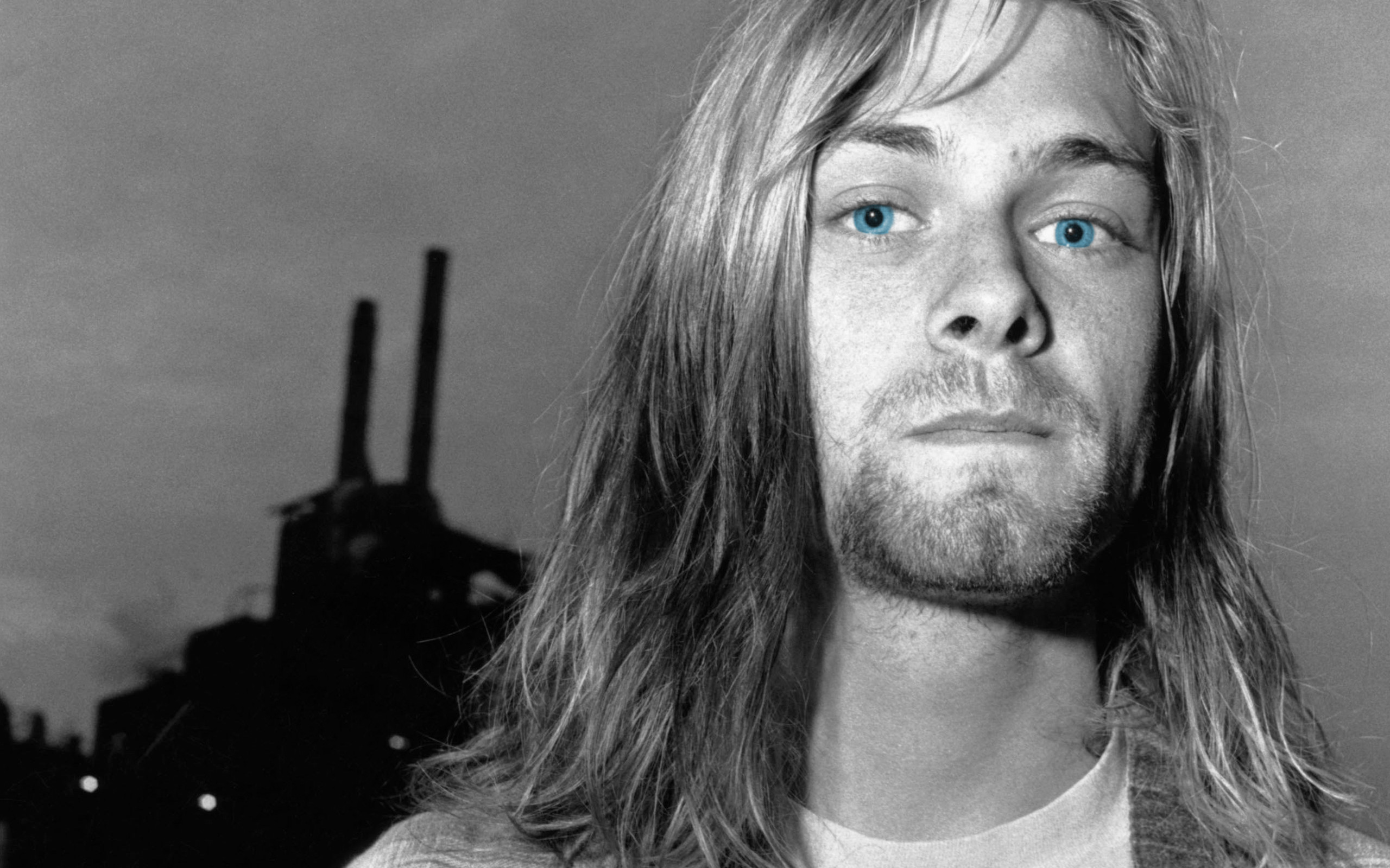 Kurt Cobain, Nirvana, Occhi azzurri, Bianco e nero, 2K 1600p, sfondo desktop