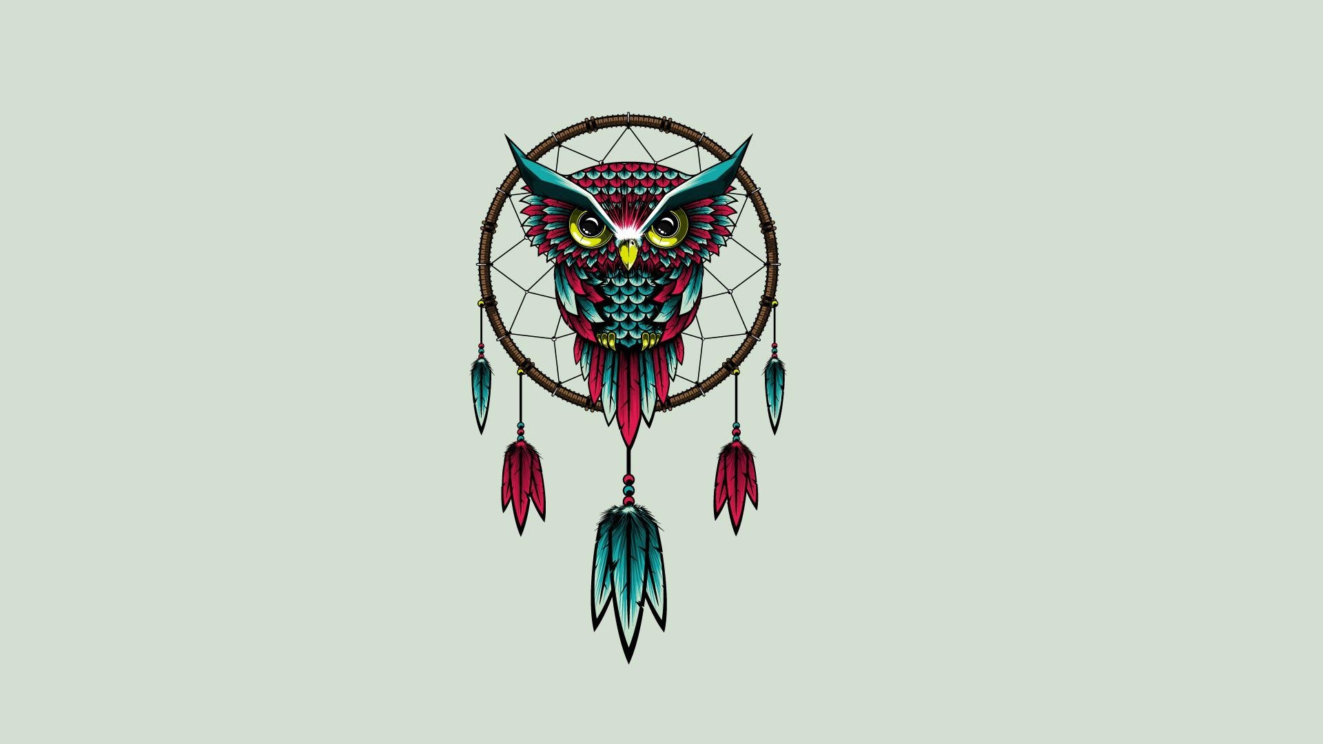 Gufo, Acchiappasogni, Illustrazione, Piume, 16:9 Full HD, wallpaper widescreen