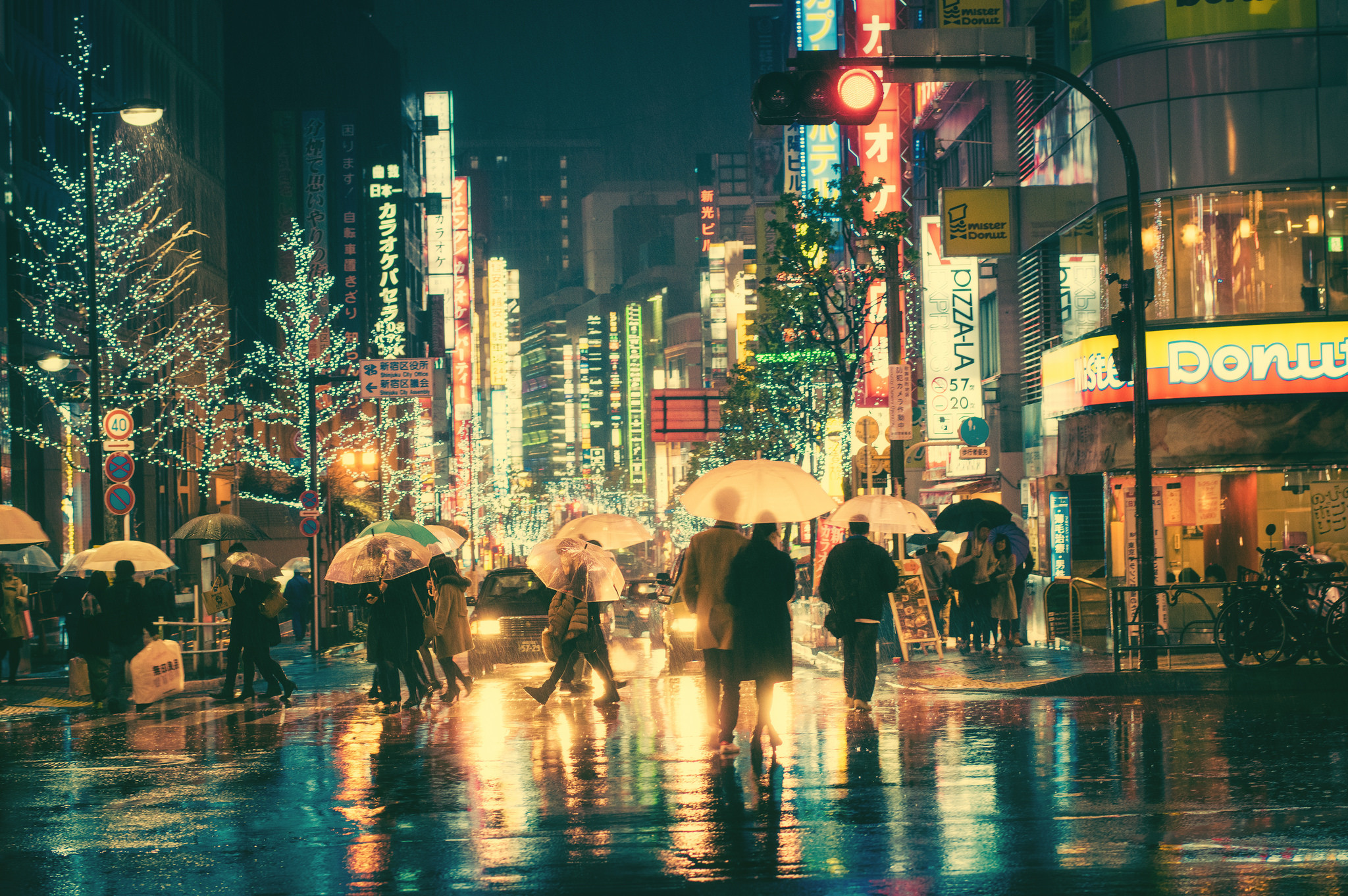 Tokyo, Ombrelli, Pioggia, Luci notturne, Full HD, sfondo per PC e portatile