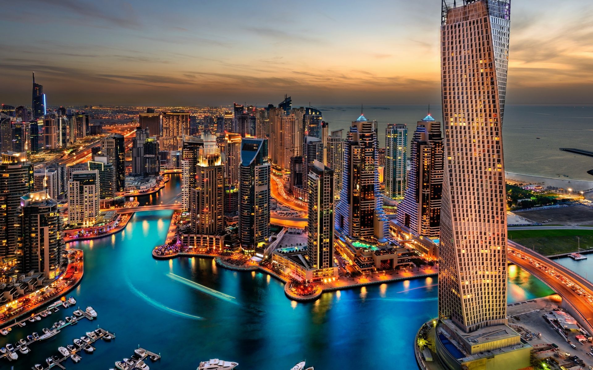 Dubai Marina, Cayan Tower, Dubai, Grattacieli, Crepuscolo, sfondo desktop