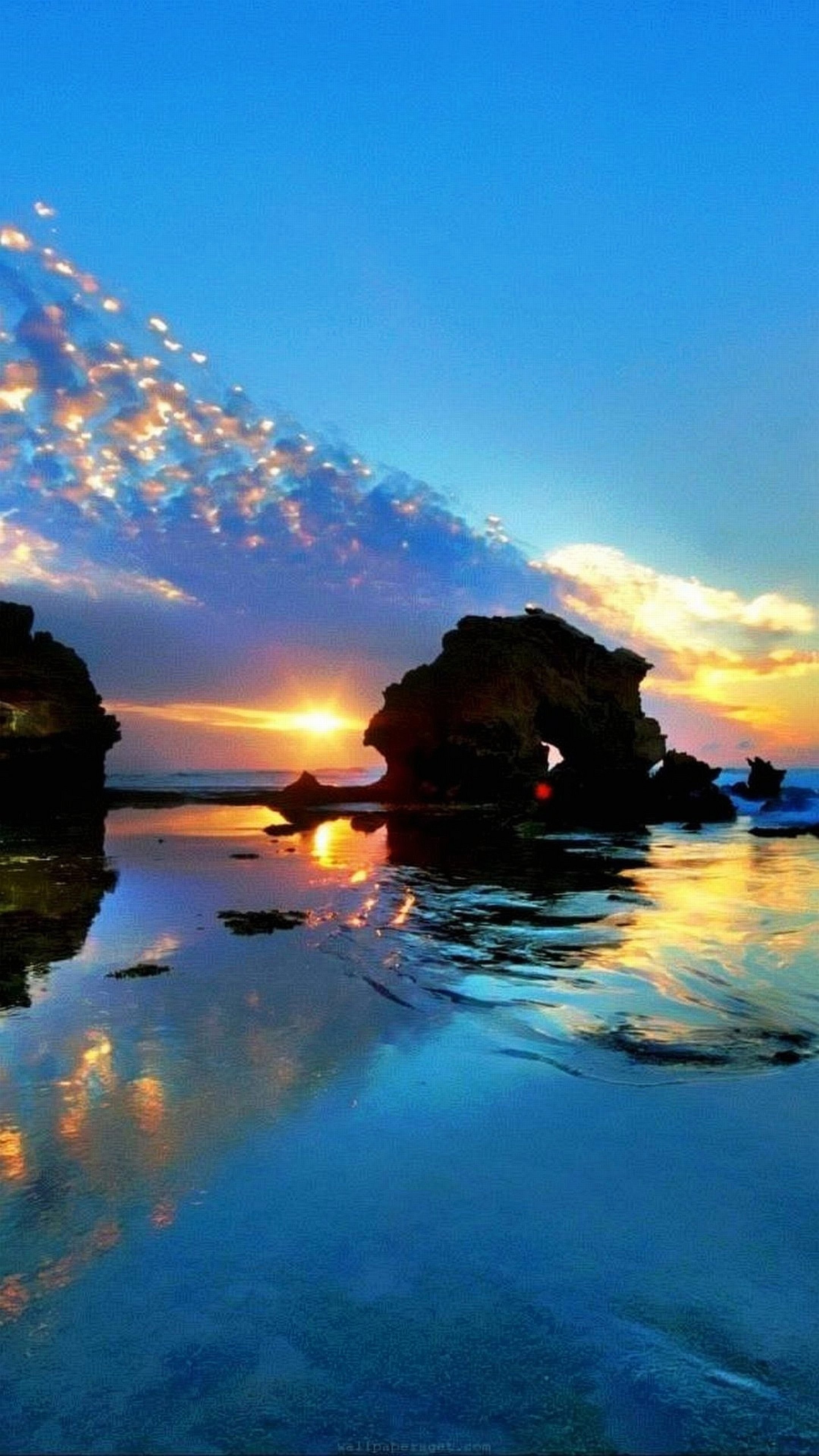Scogli, Mare, Tramonto, Riflesso, QHD+, sfondo per smartphone