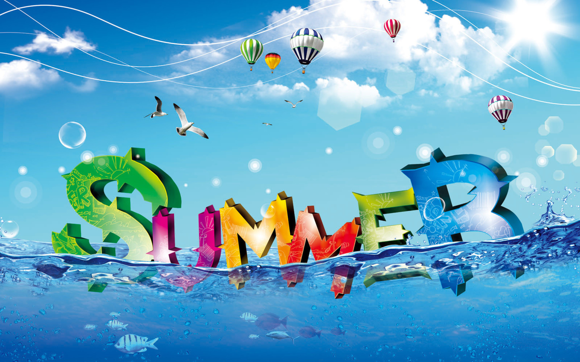 Summer, Scritta 3D, Mongolfiere, Acqua, Full HD, sfondo Windows 11