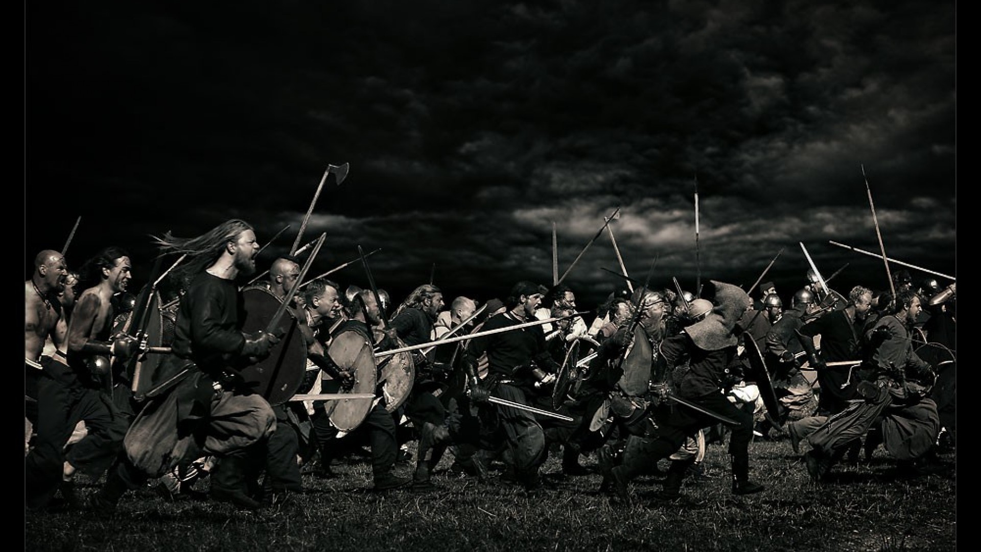 Battaglia vichinga, Guerrieri, Rievocazione storica, Bianco e nero, sfondo desktop 1080p
