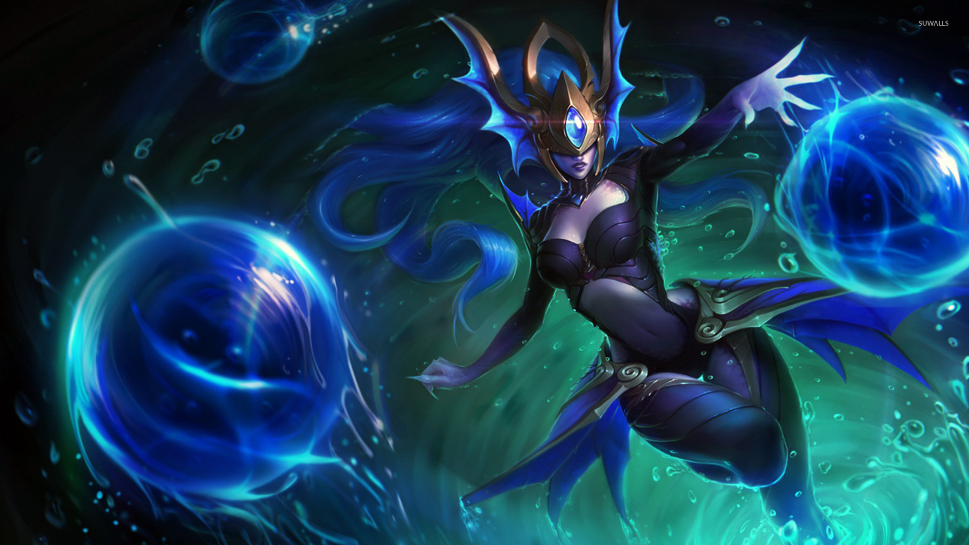 Syndra, League of Legends, Sfere, Blu, Full HD, sfondo Windows 11