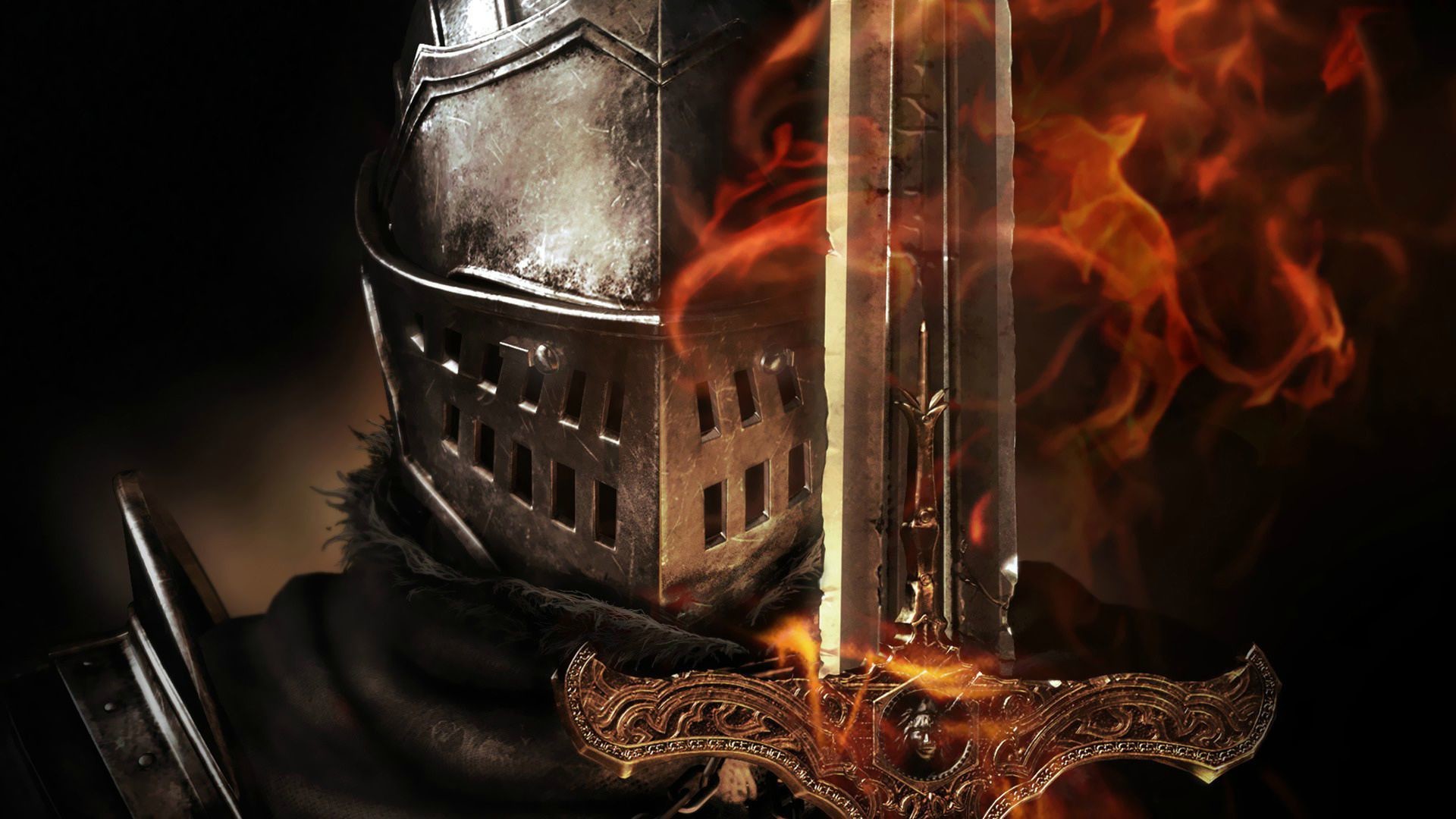 Dark Souls III, Elmo, Spada, Fiamme, Full HD, sfondo Windows 11