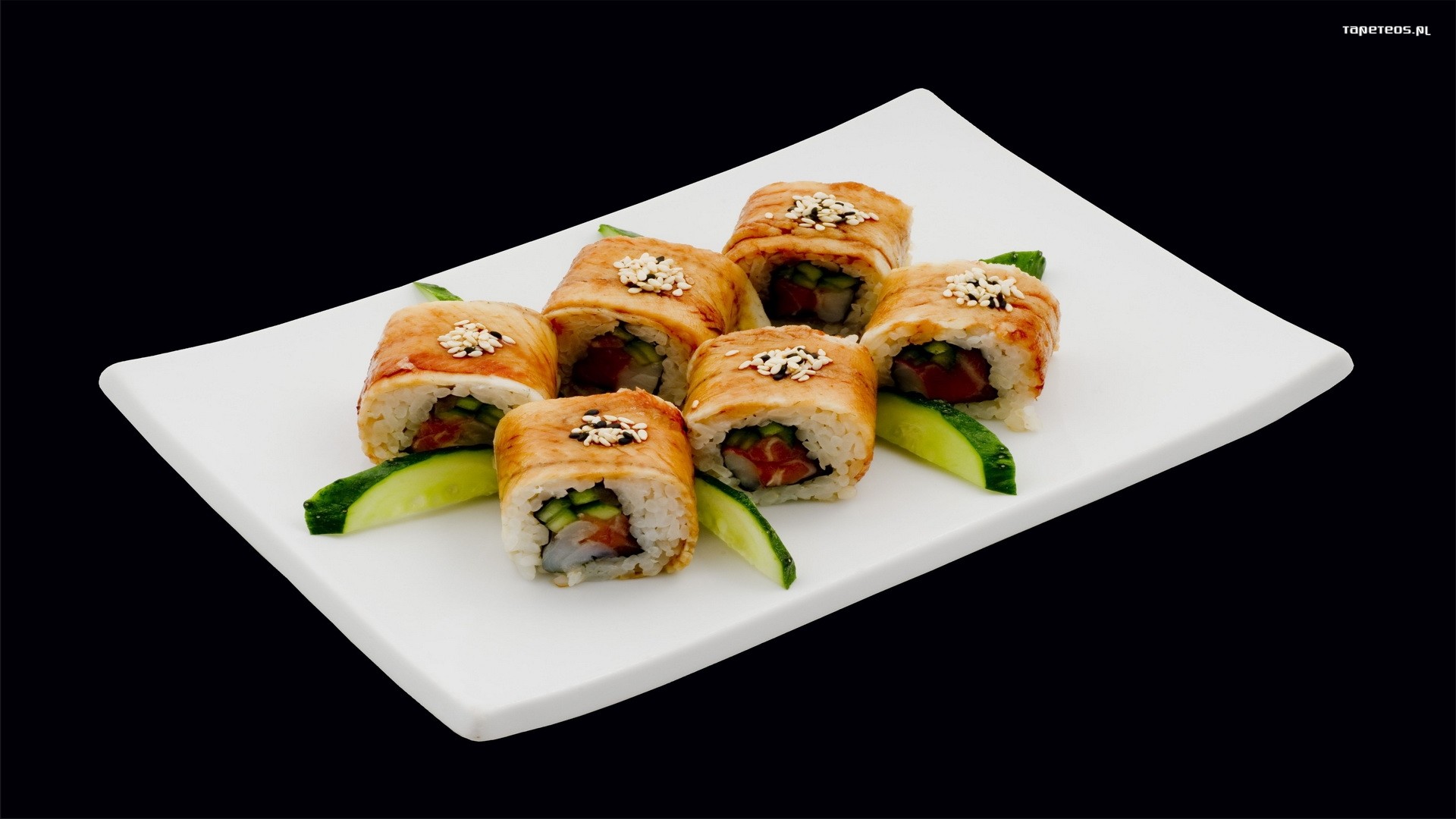 Uramaki, Sesamo, Sushi, Piatto bianco, 16:9 Full HD, sfondo widescreen