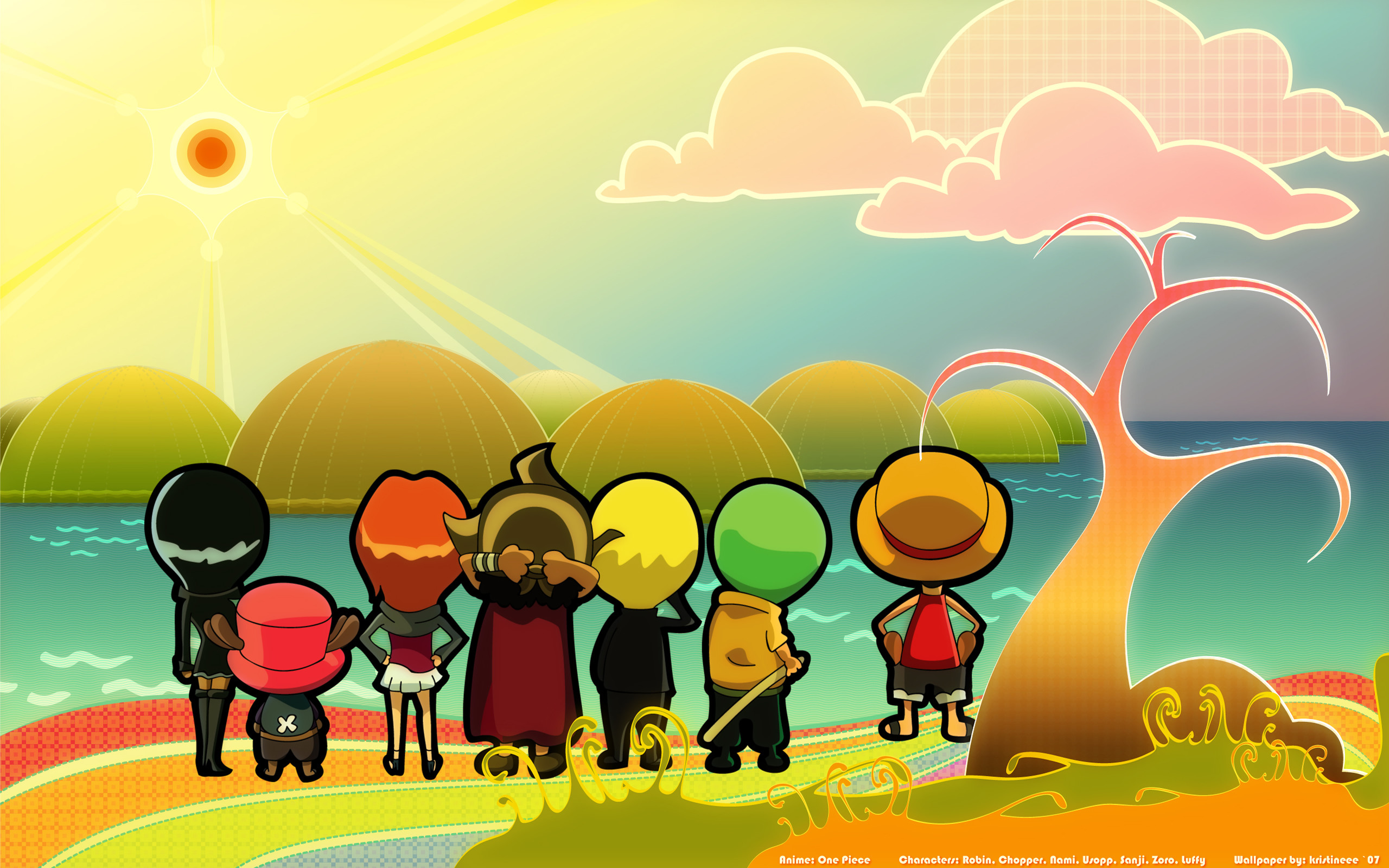 One Piece, Pirati di Cappello di Paglia, Chibi, Spiaggia, Tramonto, sfondo desktop 2K