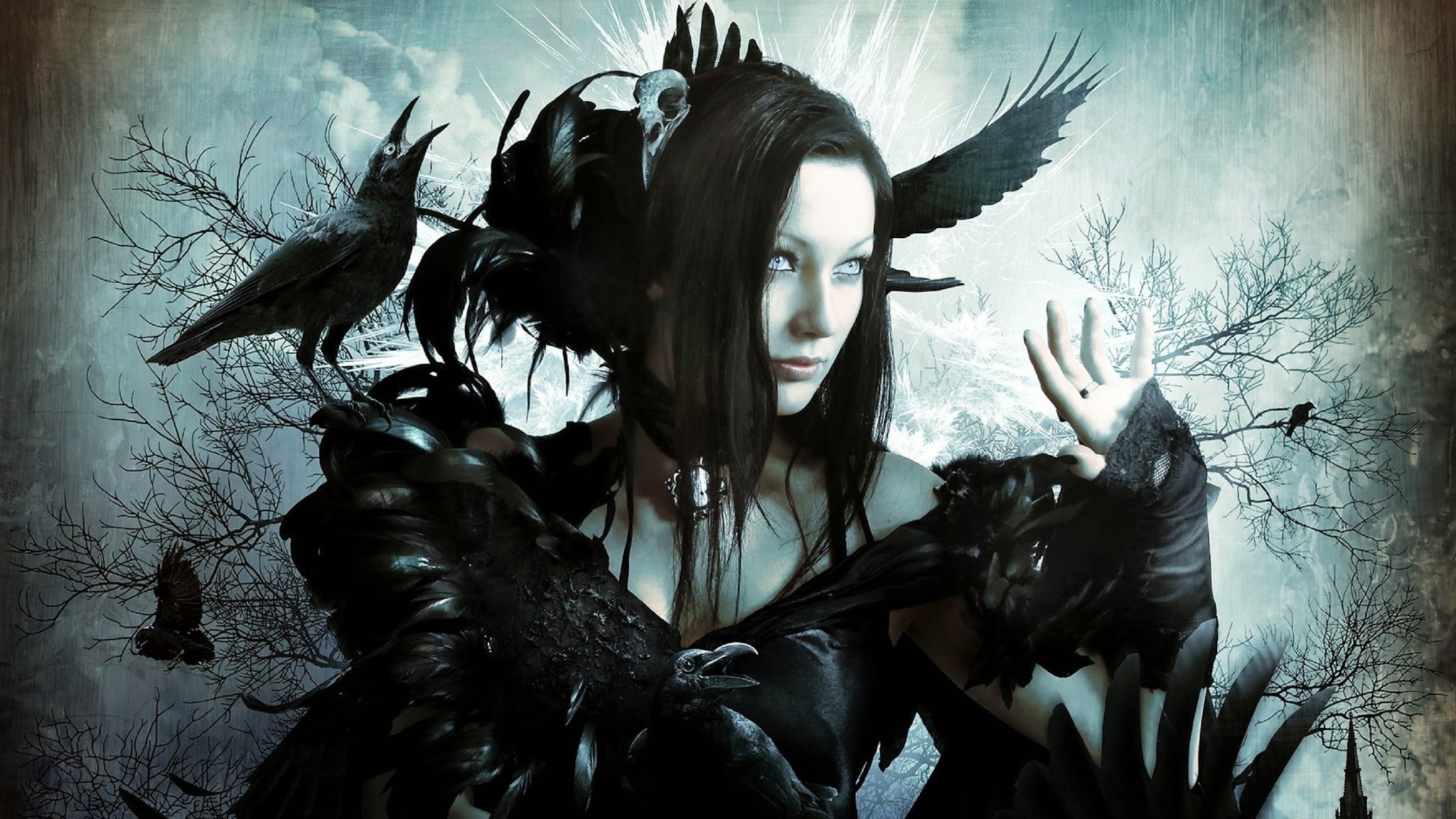Donna gotica, Corvi, Arte fantasy, Full HD, sfondo per PC